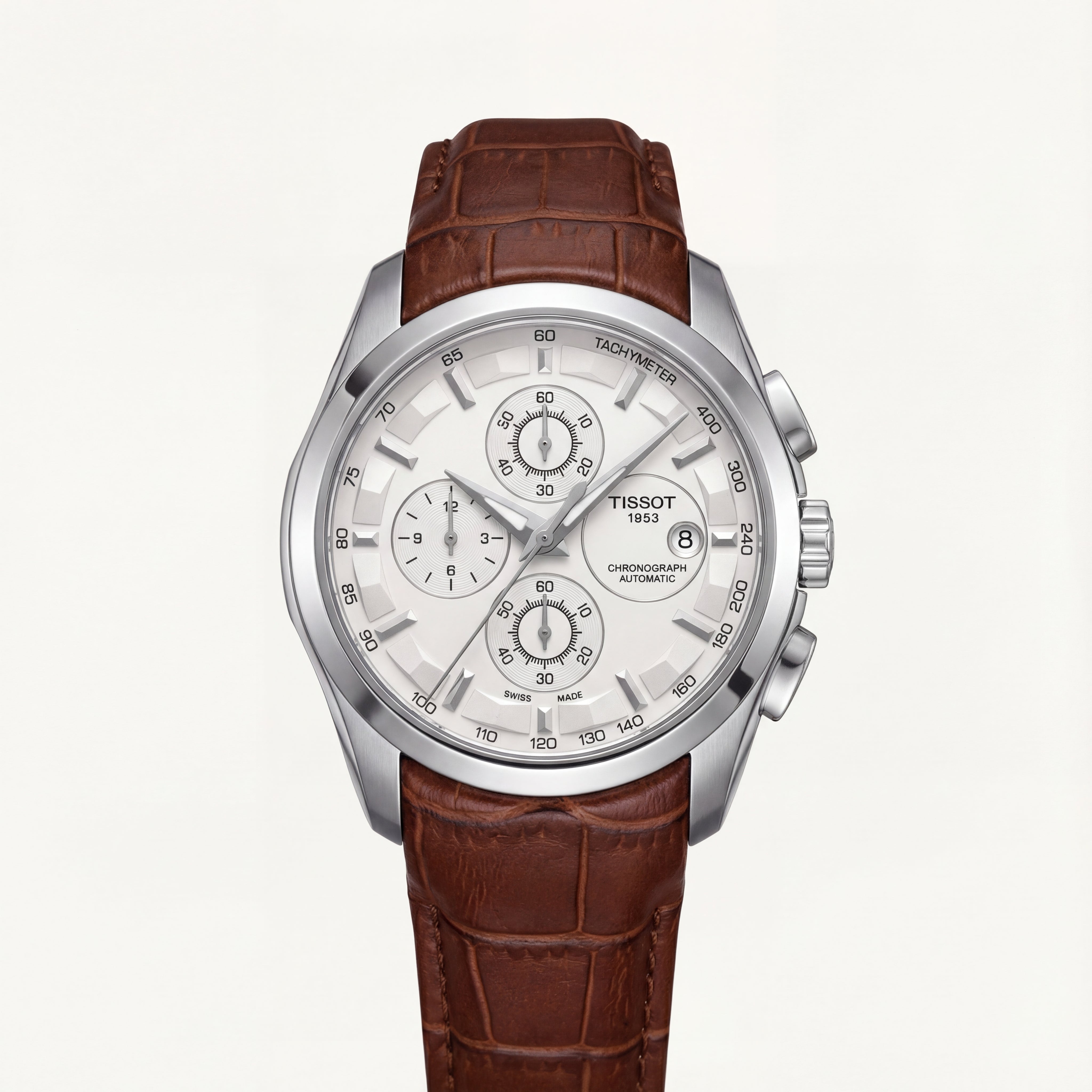 Classic Silver Chronograph Watch with White Dial & Brown Leather Strap