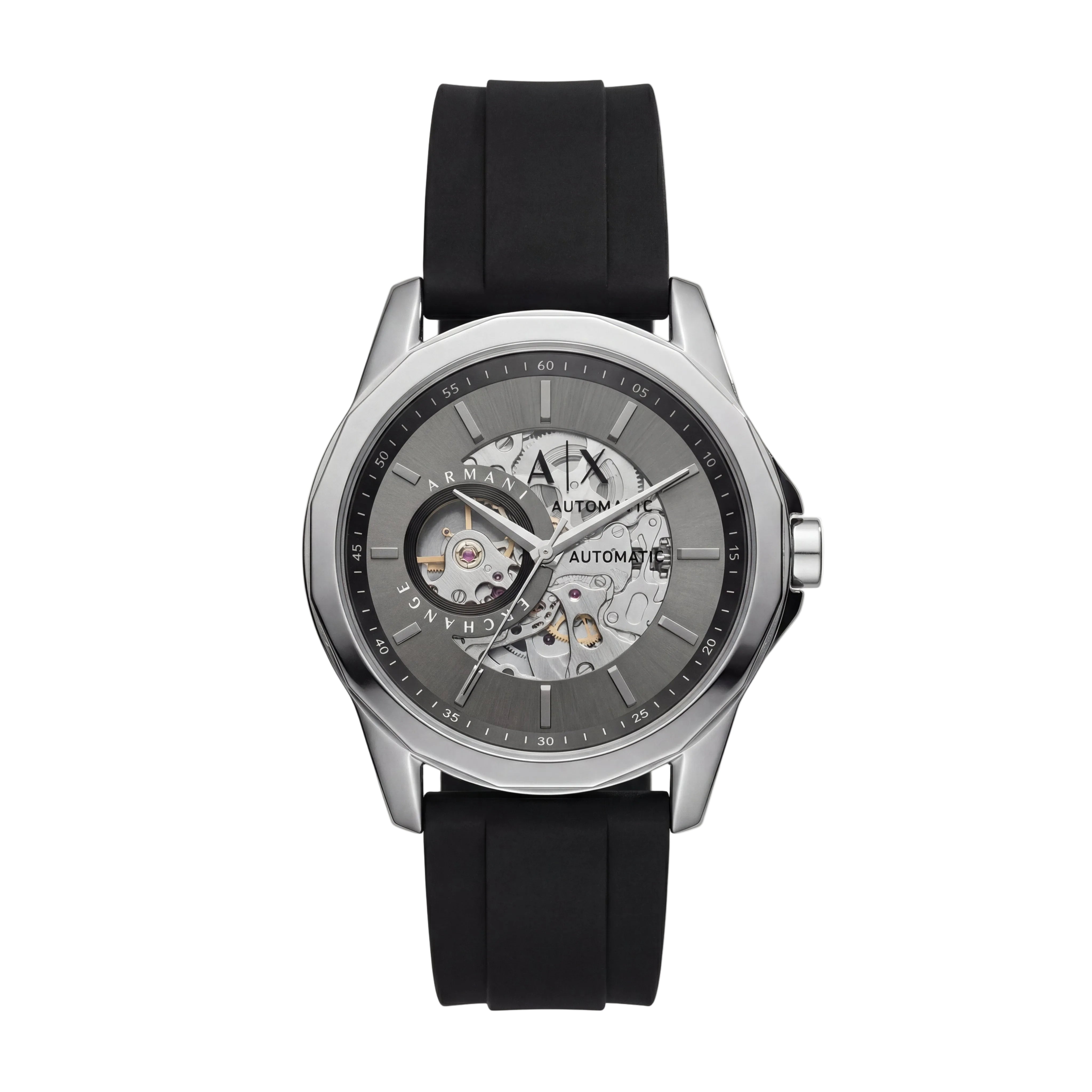 Silver Skeleton Automatic Dial Black Silicone Strap Men’s Watch