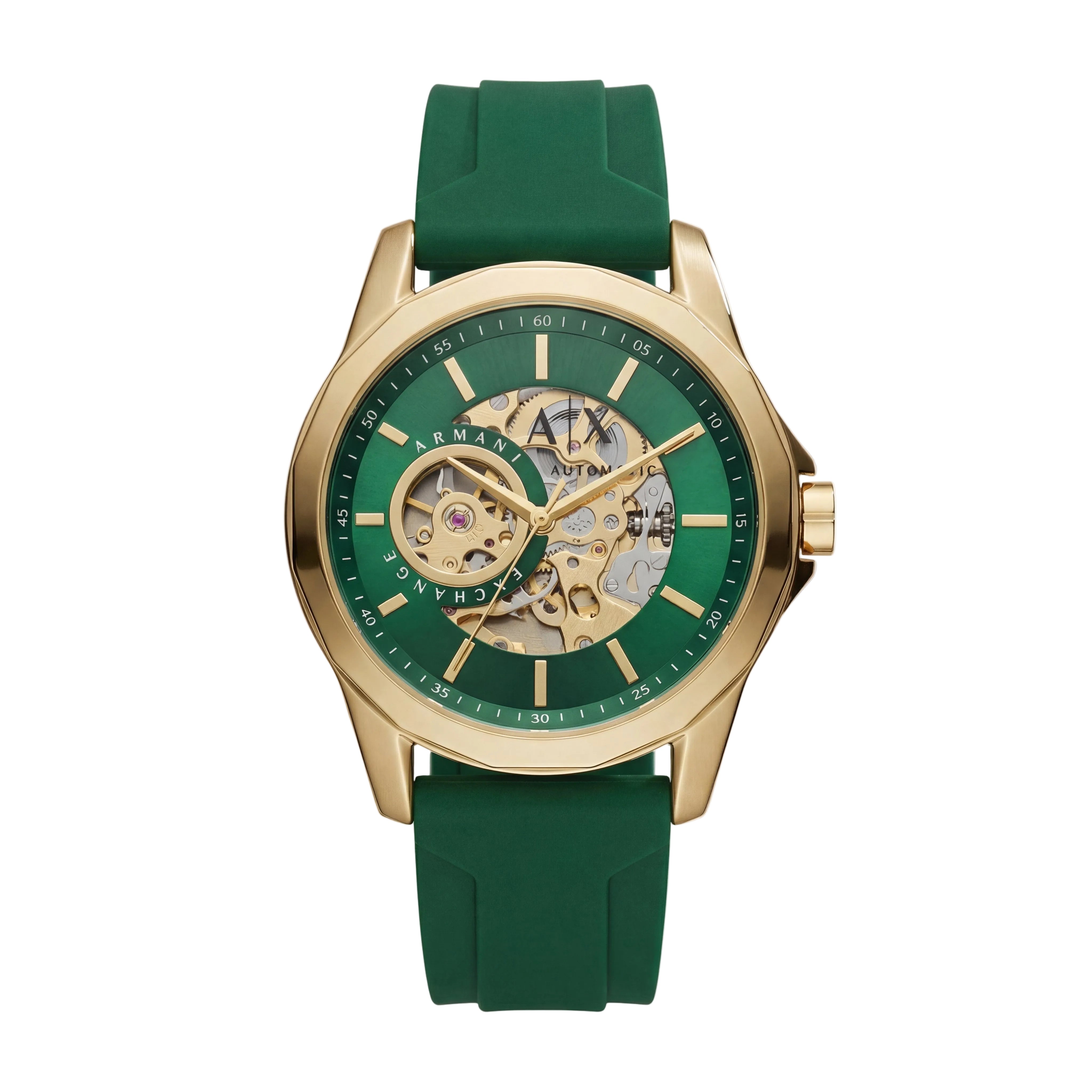 Gold Skeleton Automatic Dial Green Silicone Strap Men’s Watch