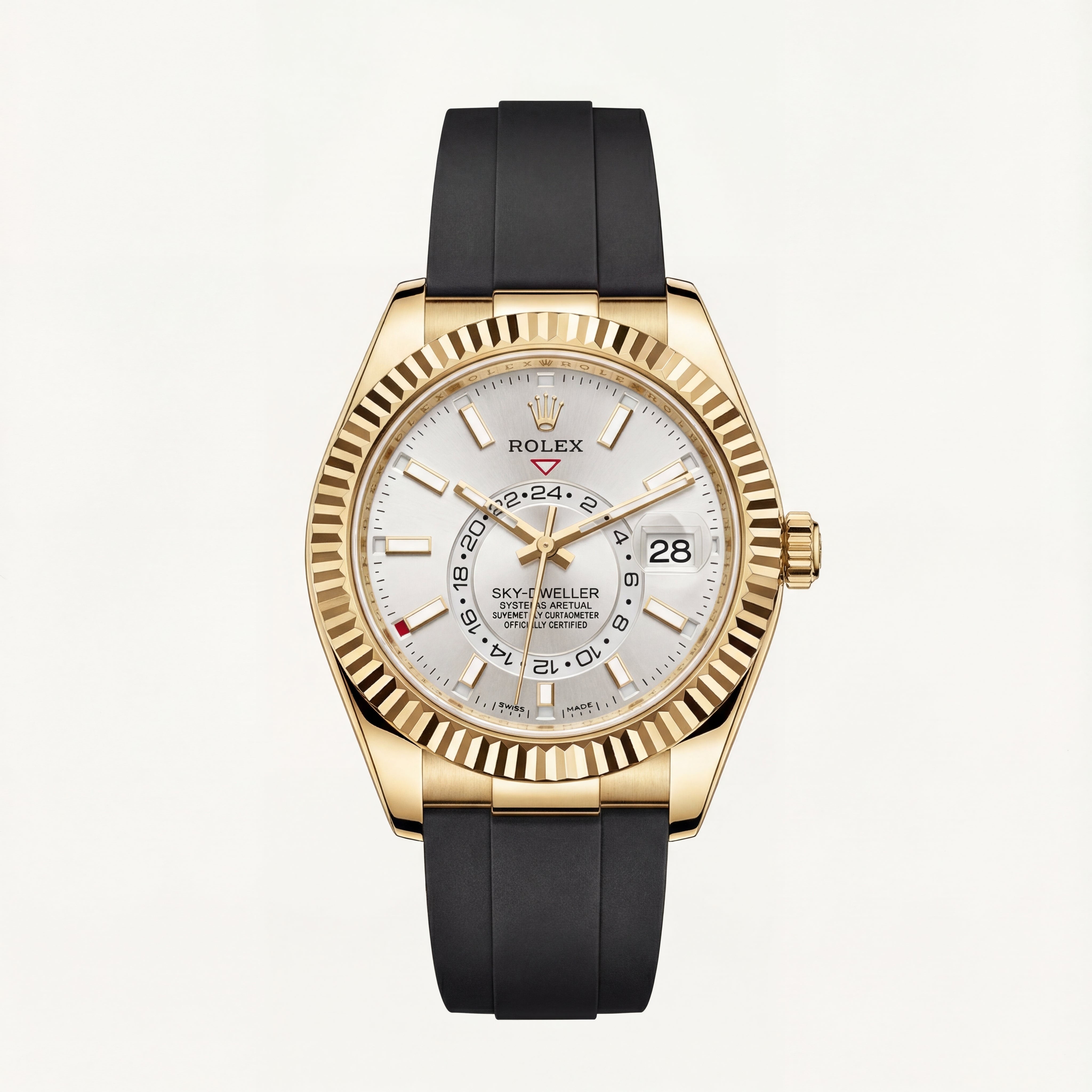 Gold Fluted Bezel White Dial Luxury Men’s Watch with Rubber Strap