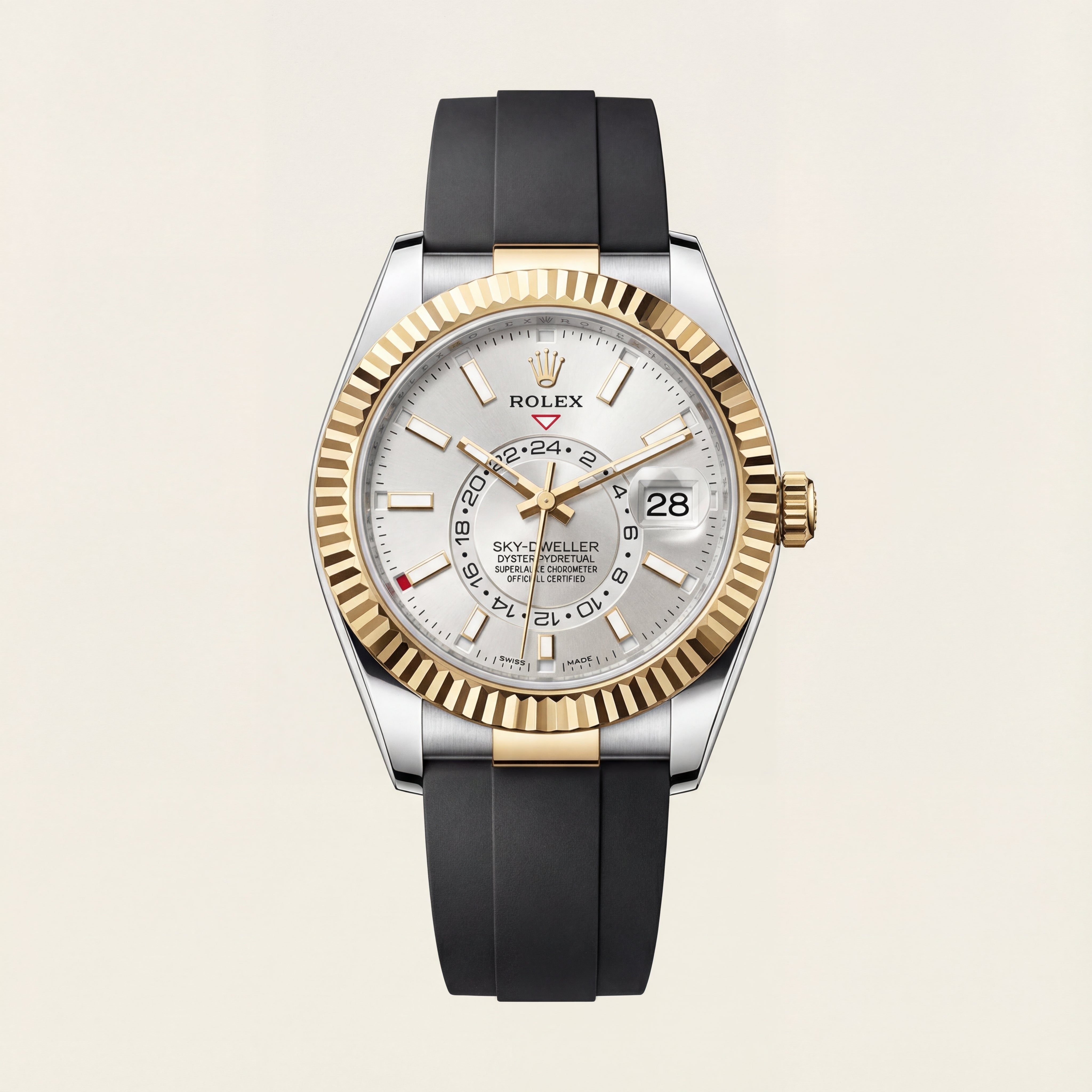 Dual-Tone Gold Fluted Bezel White Dial Luxury Men’s Watch with Rubber Strap