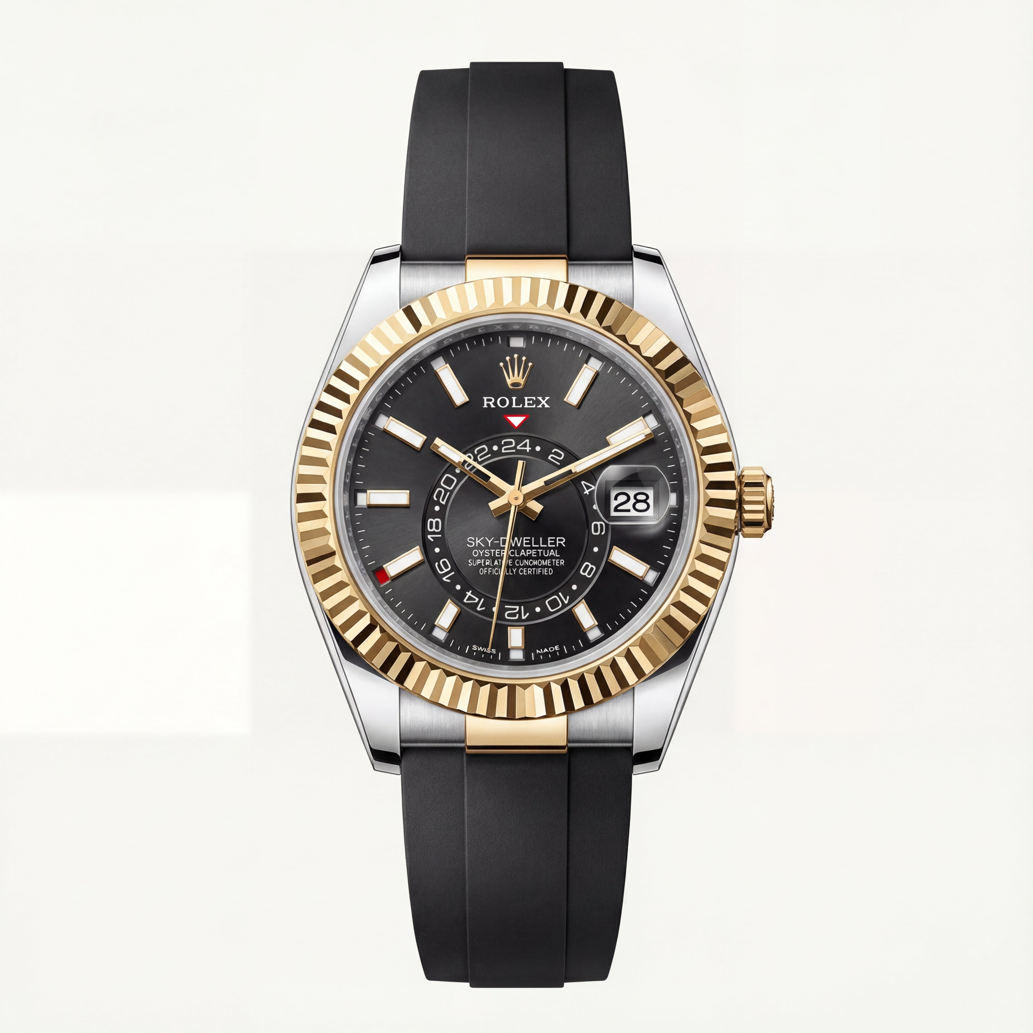 Black Dial Gold Fluted Bezel Dual-Tone Men’s Watch with Rubber Strap