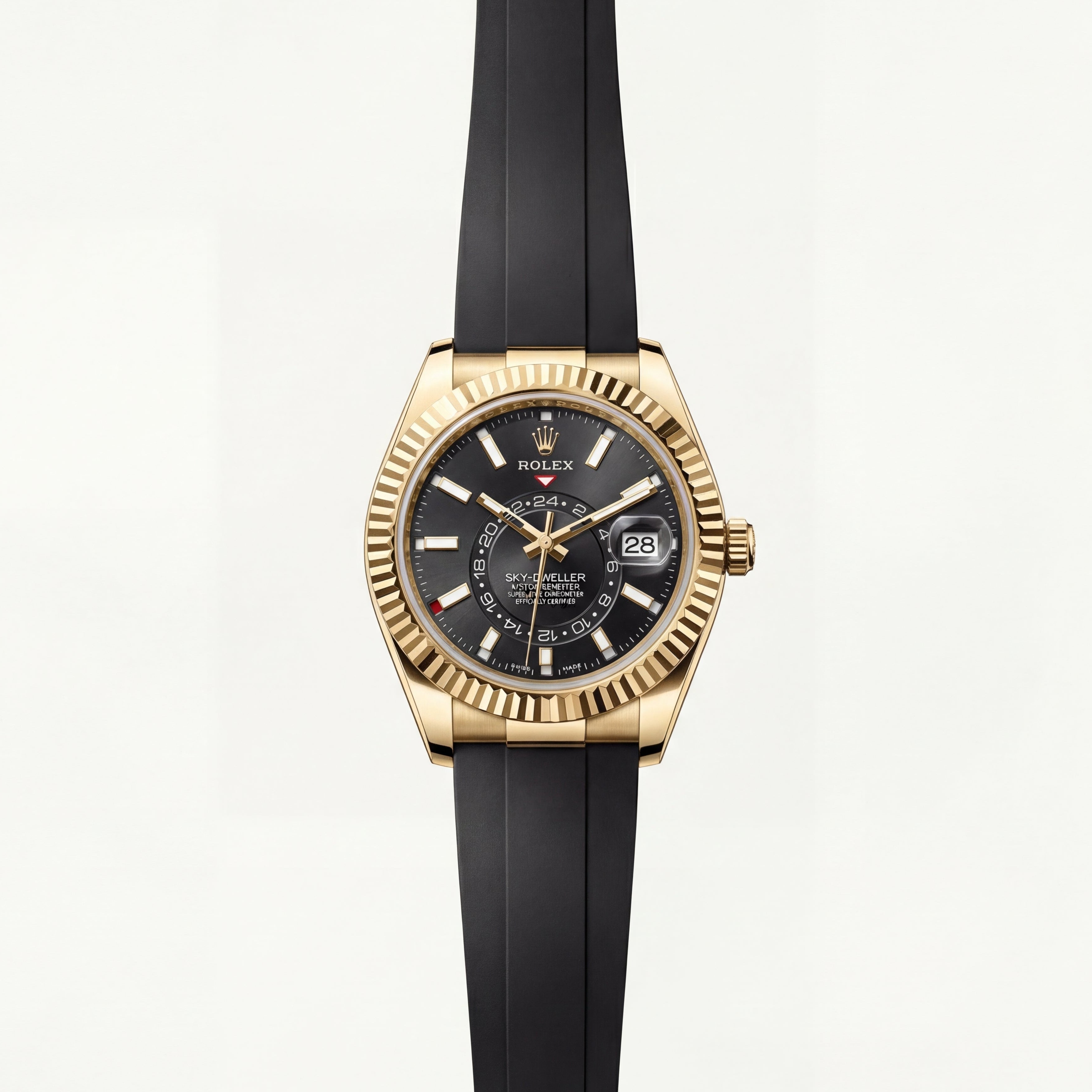 Black Dial Gold Fluted Bezel Luxury Men’s Watch with Rubber Strap