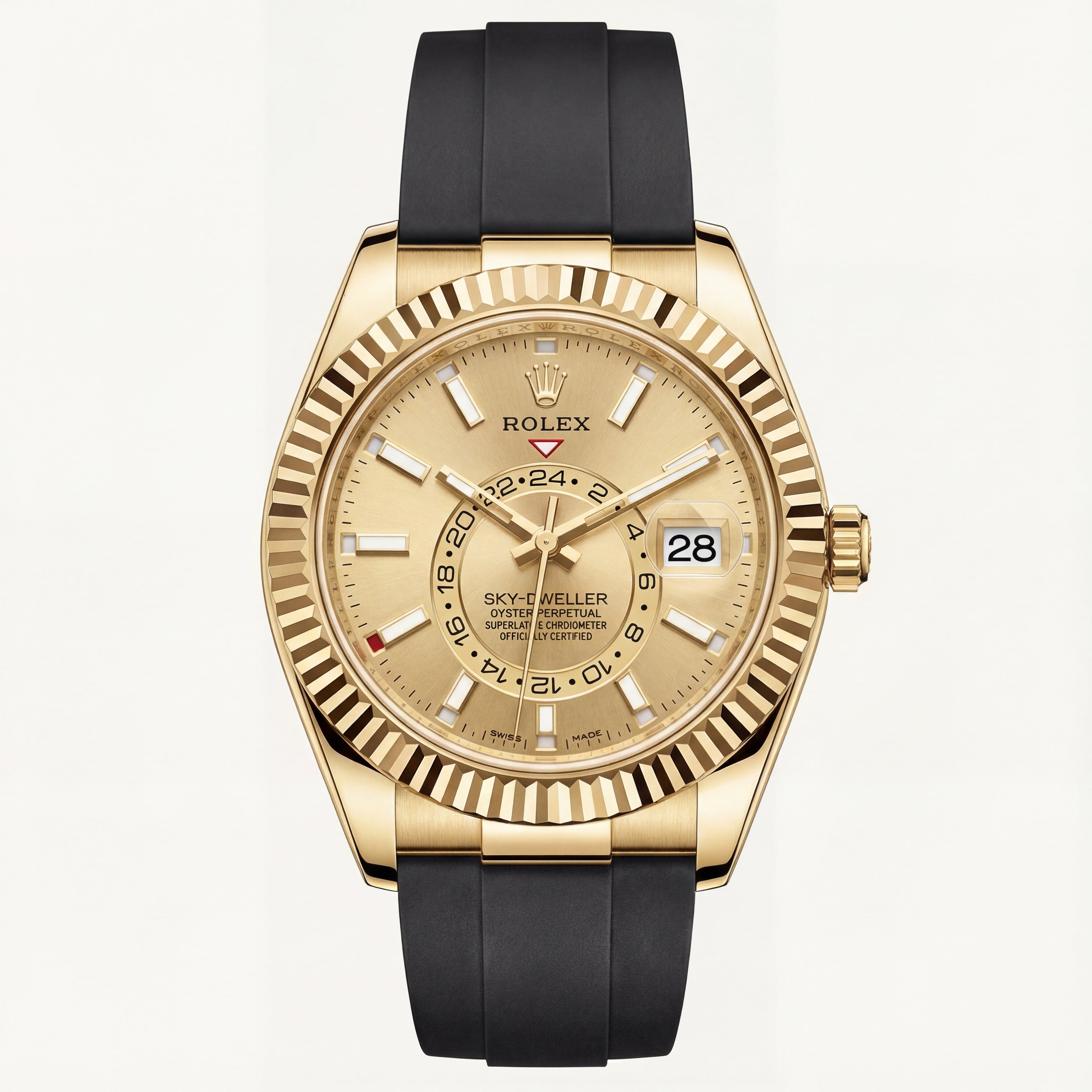 Gold Dial Fluted Bezel Luxury Men’s Watch with Black Rubber Strap