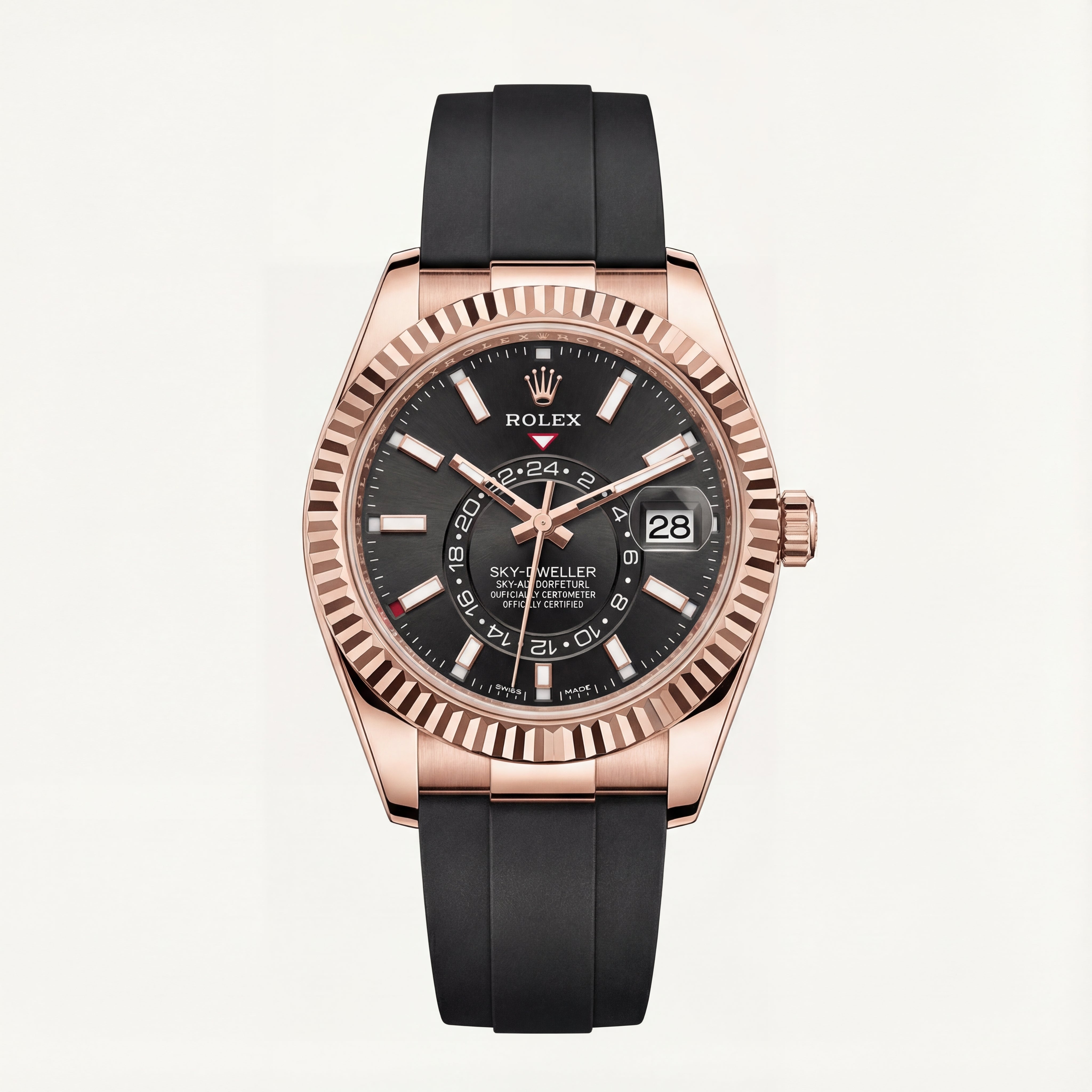 Rose Gold Black Dial Fluted Bezel Premium Men’s Watch with Rubber Strap