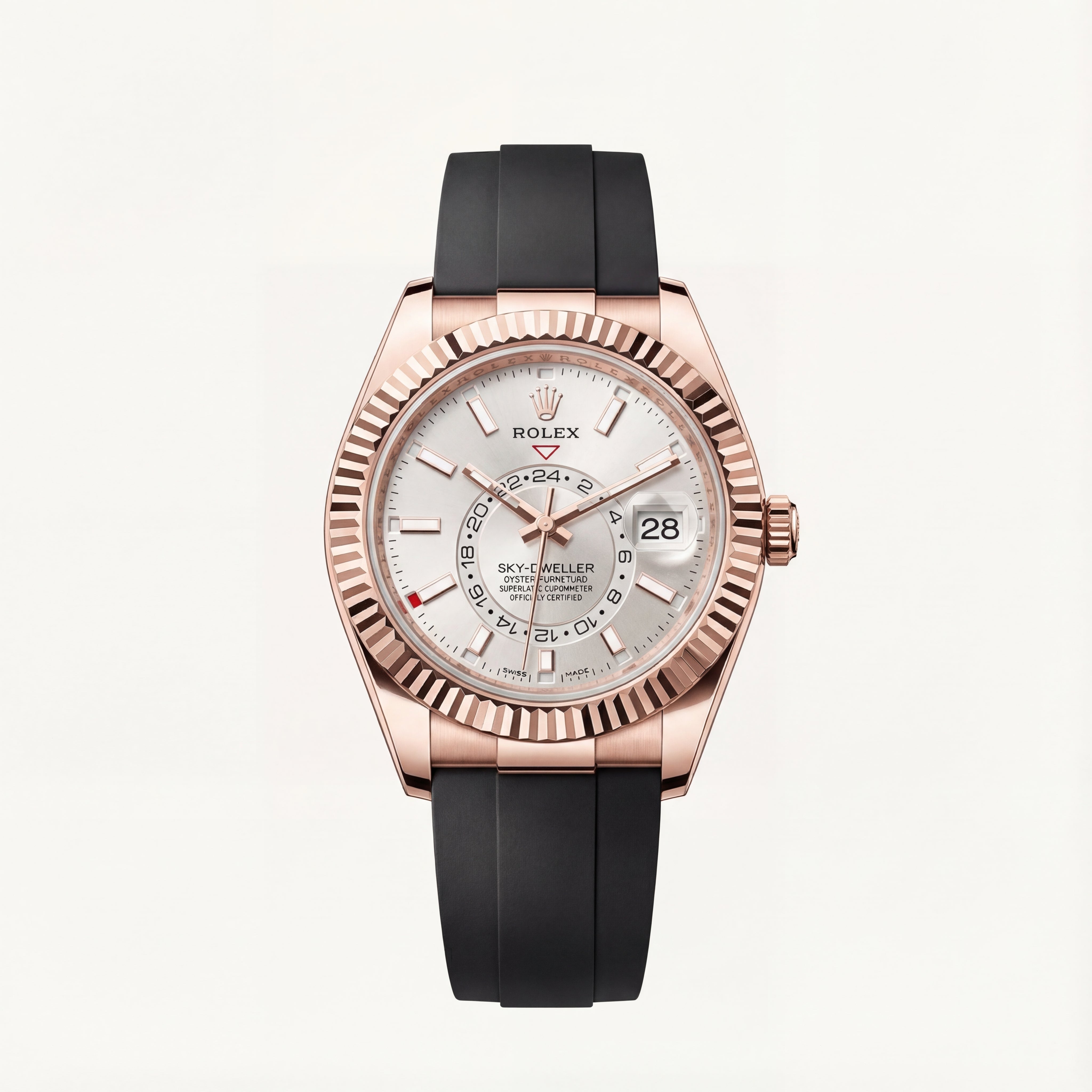 Rose Gold Silver Dial Fluted Bezel Luxury Men’s Watch with Black Strap