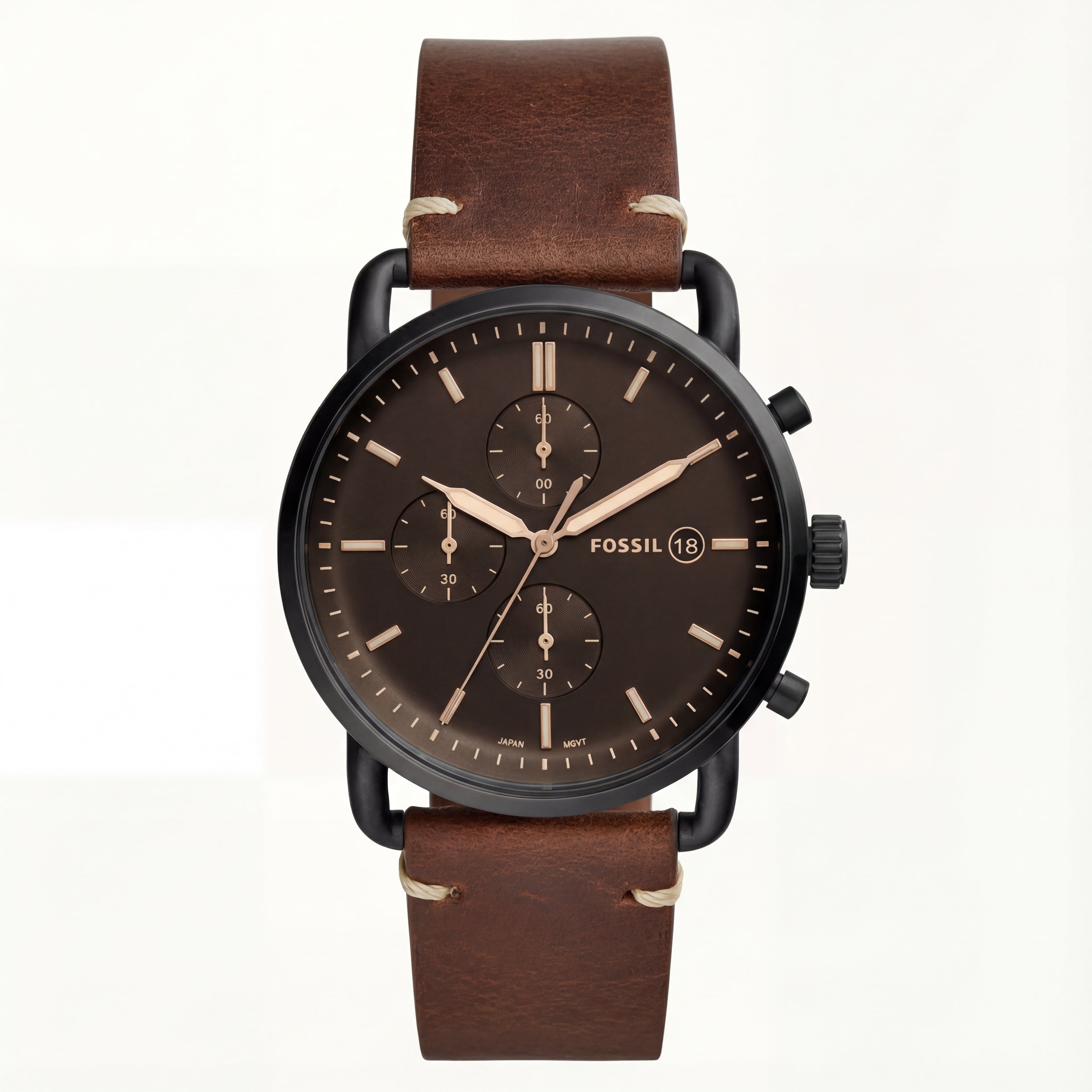 Vintage Brown Chronograph Black Dial Leather Strap Men’s Watch