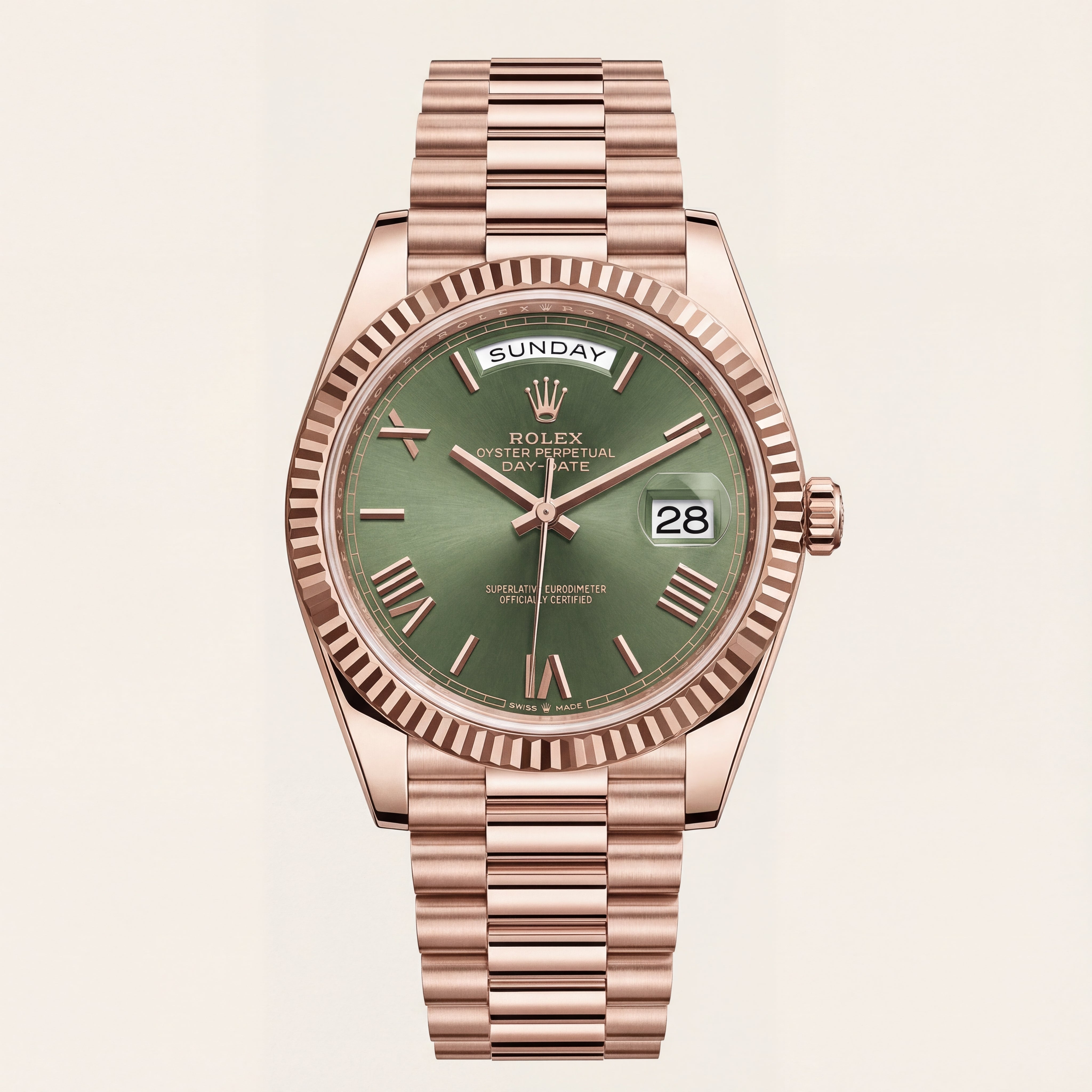 Rose Gold Day-Date Green Sunray Roman Dial Men’s Watch