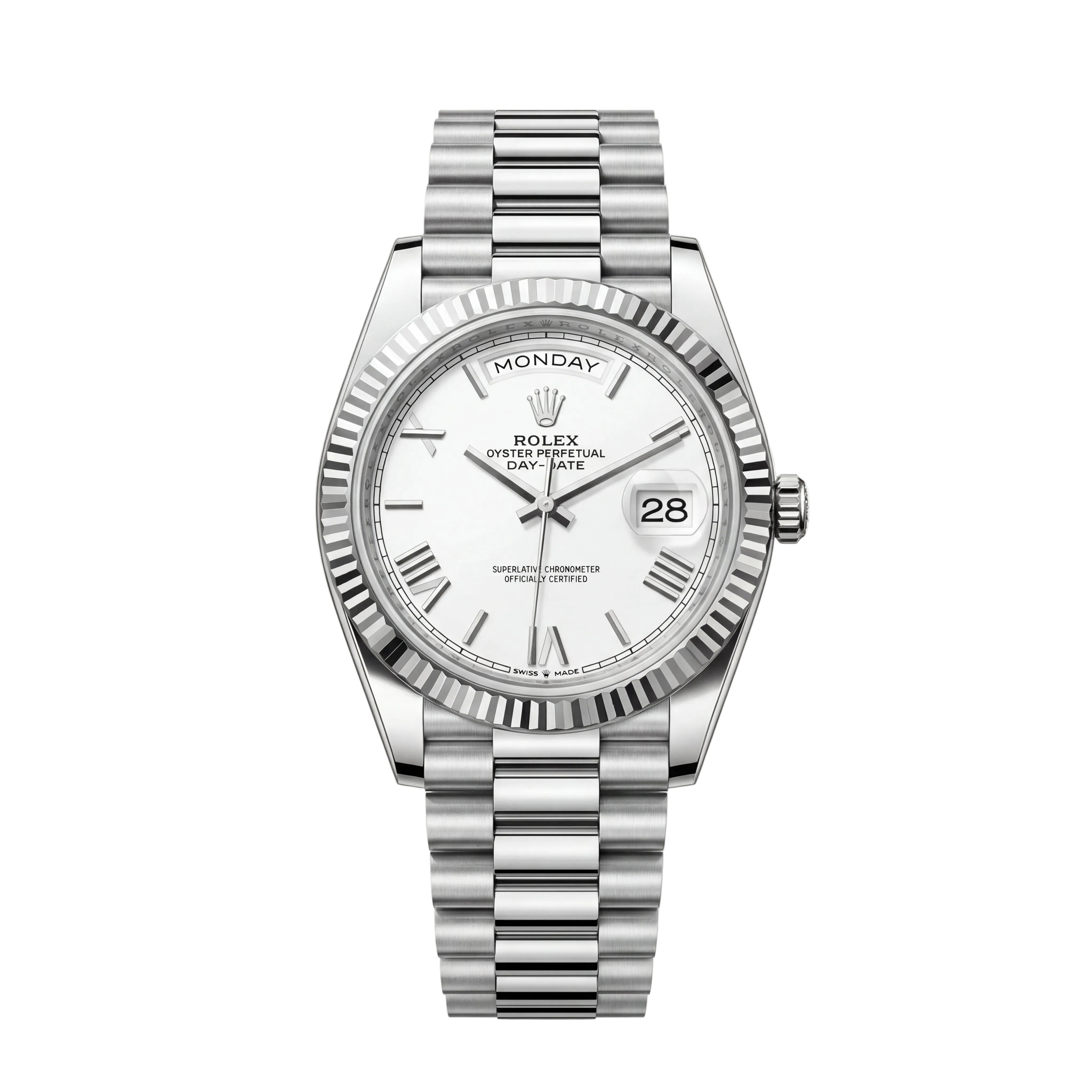 Classic White Dial Fluted Steel Day-Date Watch