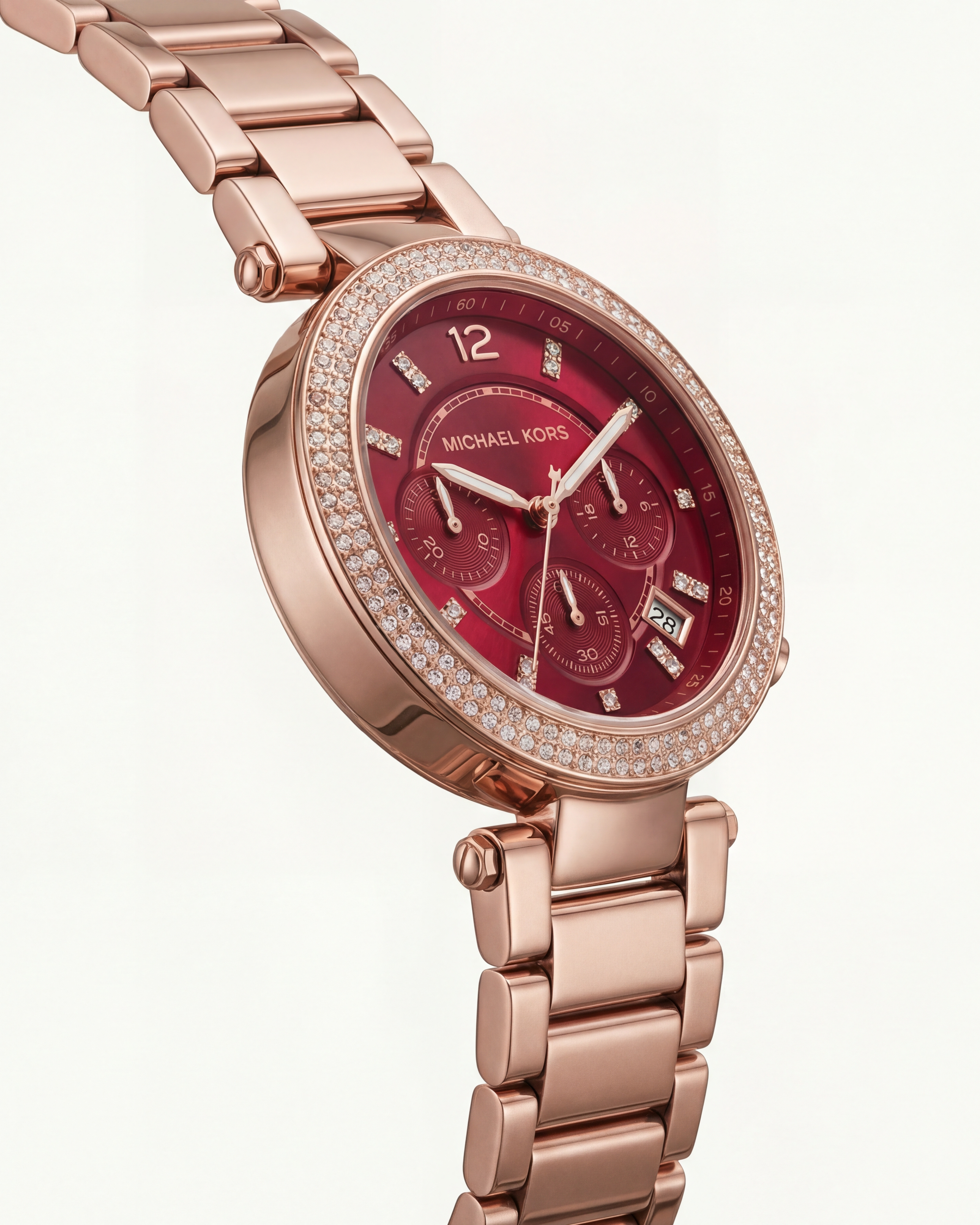 Rose Gold Crystal Bezel Ruby Red Dial Chronograph Bracelet Watch