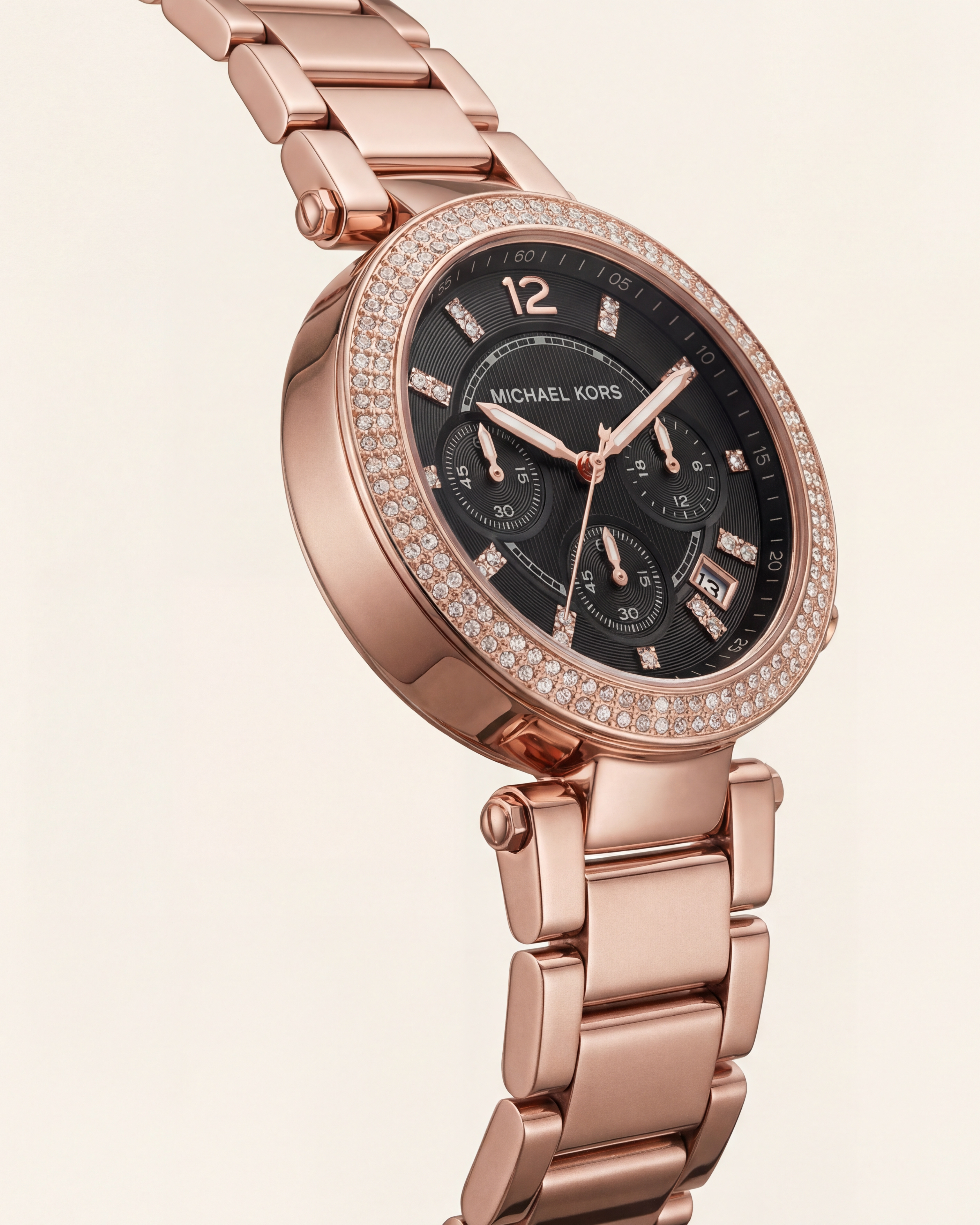 Rose Gold Crystal Bezel Black Dial Chronograph Bracelet Watch