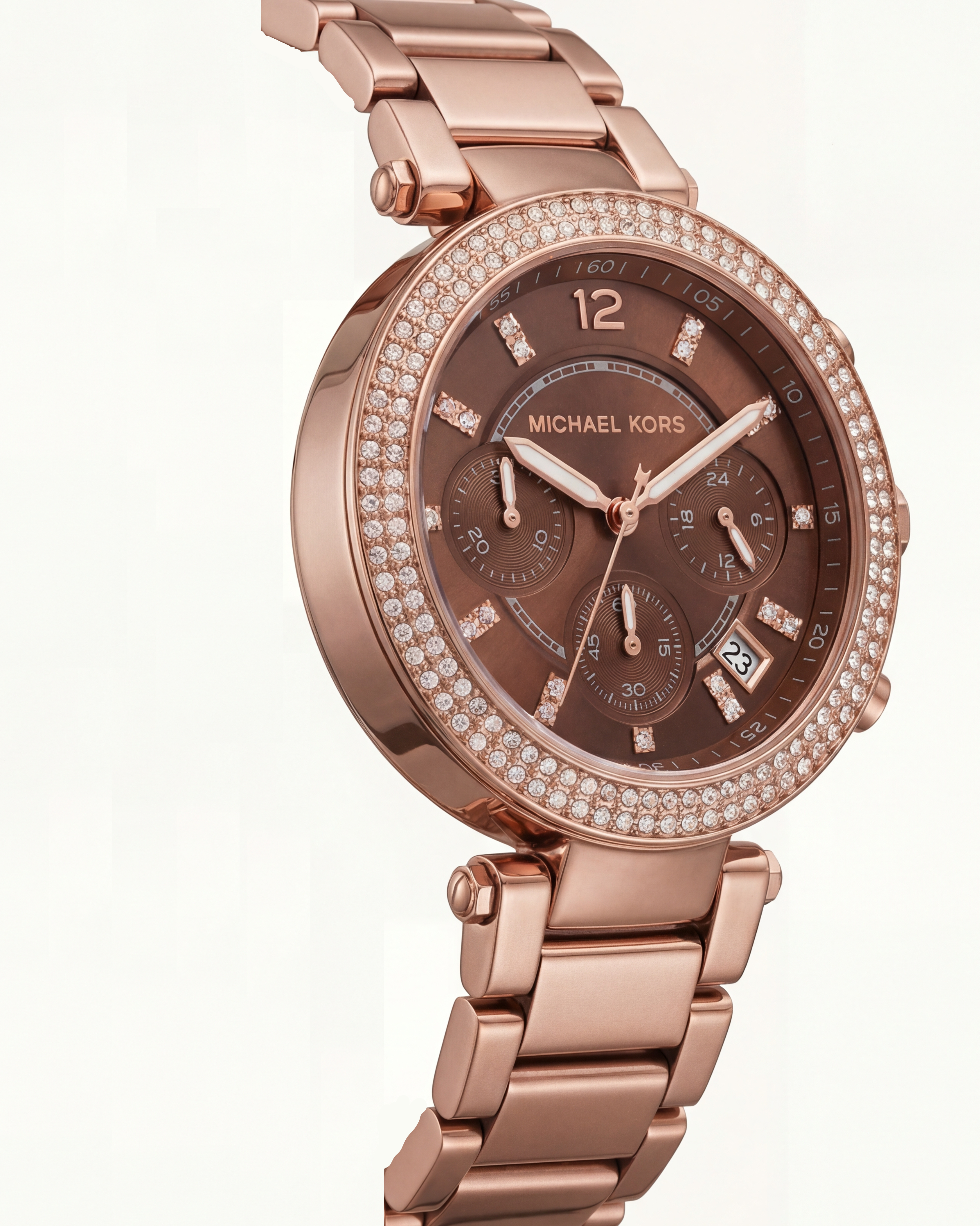 Rose Gold Crystal Bezel Brown Dial Chronograph Bracelet Watch