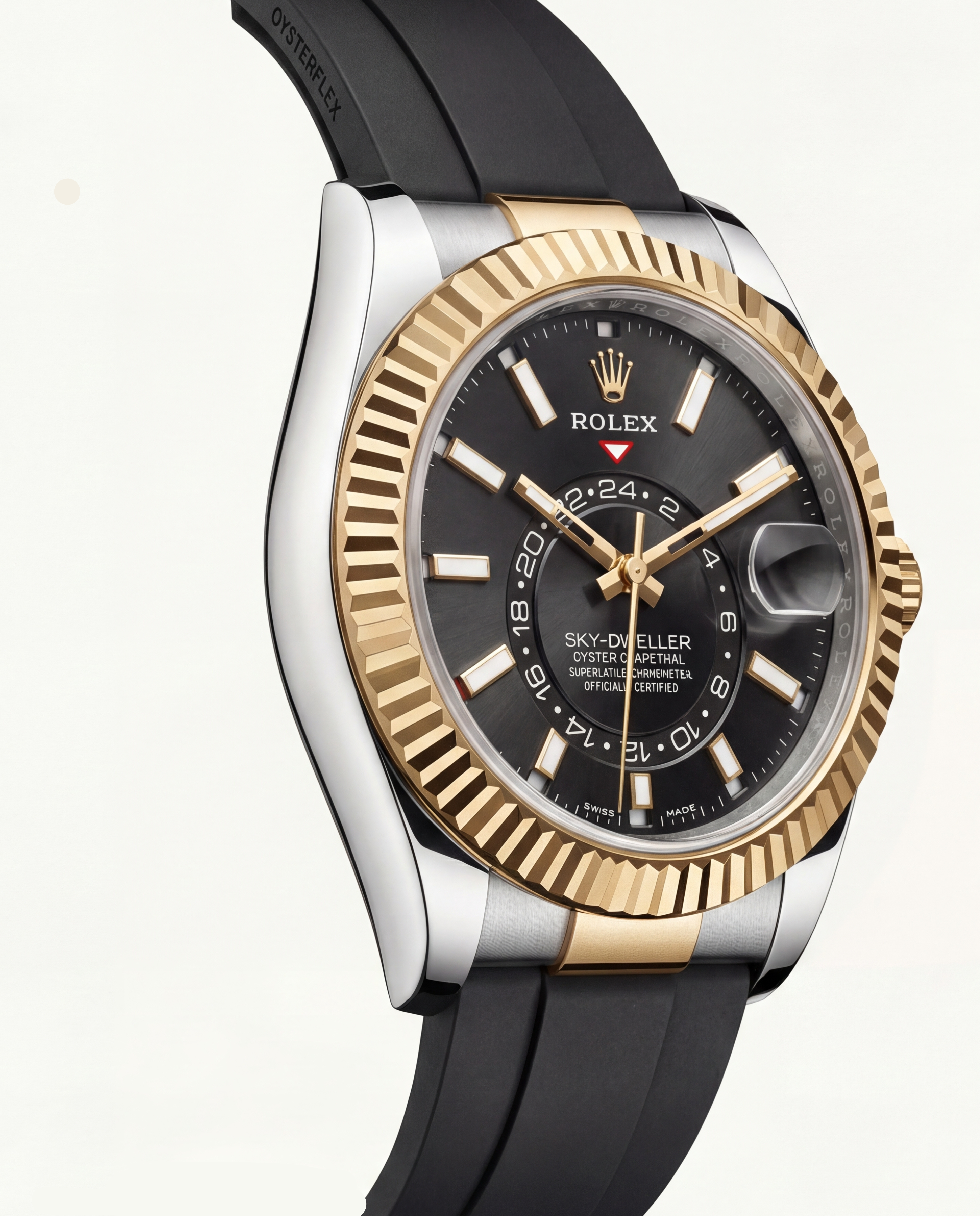 Black Dial Gold Fluted Bezel Dual-Tone Men’s Watch with Rubber Strap