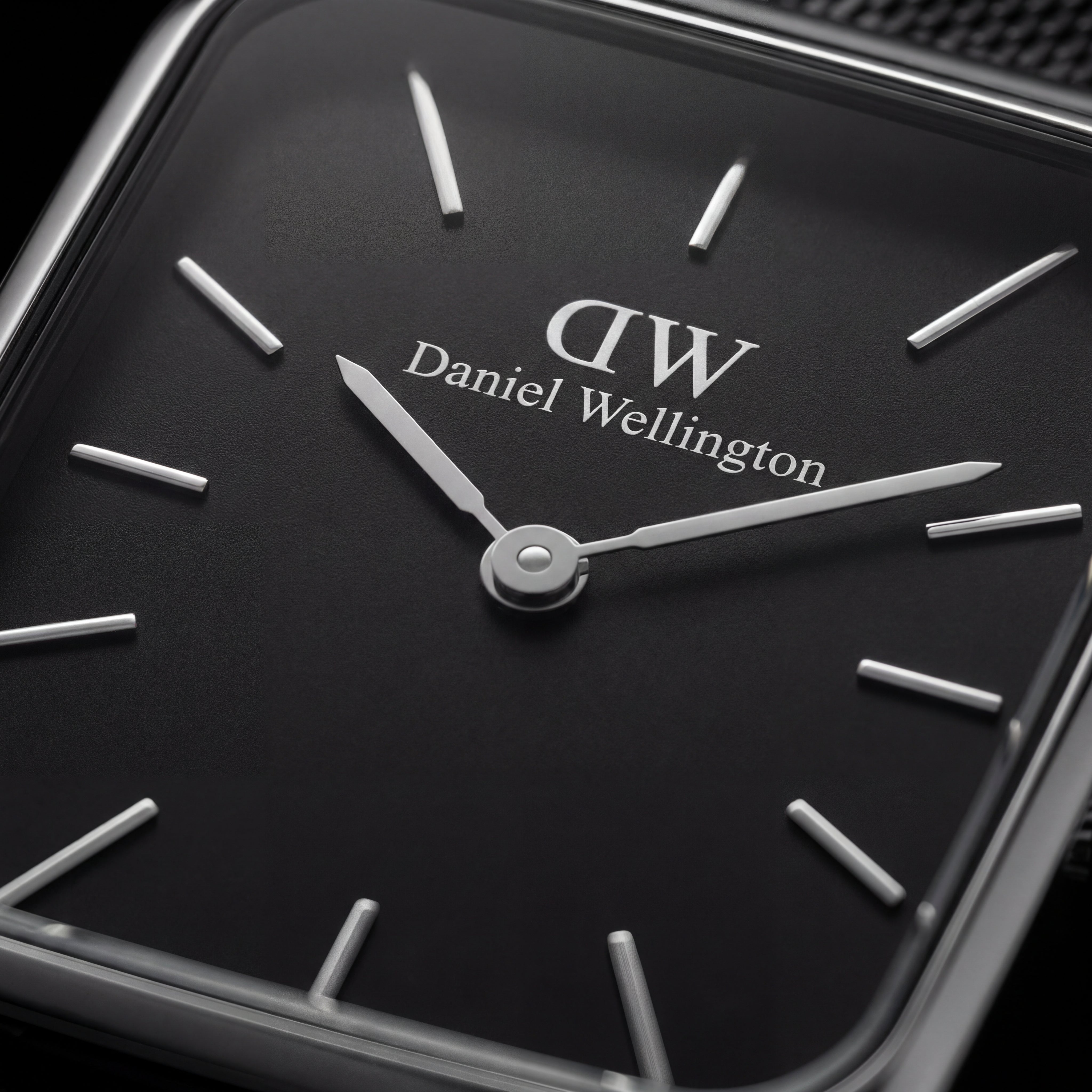 Silver Rectangular Black Dial Black Mesh Strap Watch