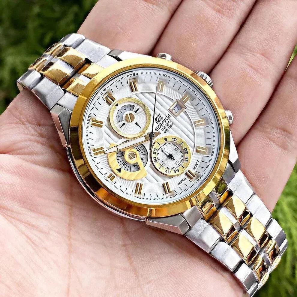 Premium Two Tone Stainless Steel Multifunction Watch White Textured Dial Date Display Sport Luxury Watch – Men