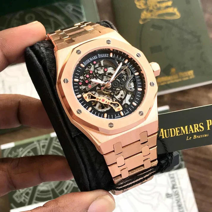 Premium Rose Gold Stainless Steel Skeleton Automatic Watch Open-Work Dial Octagonal Bezel Luxury Watch – Men