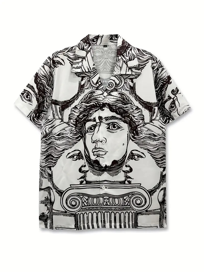 Men's Casual Face Sketch Print Button-Up Shirt