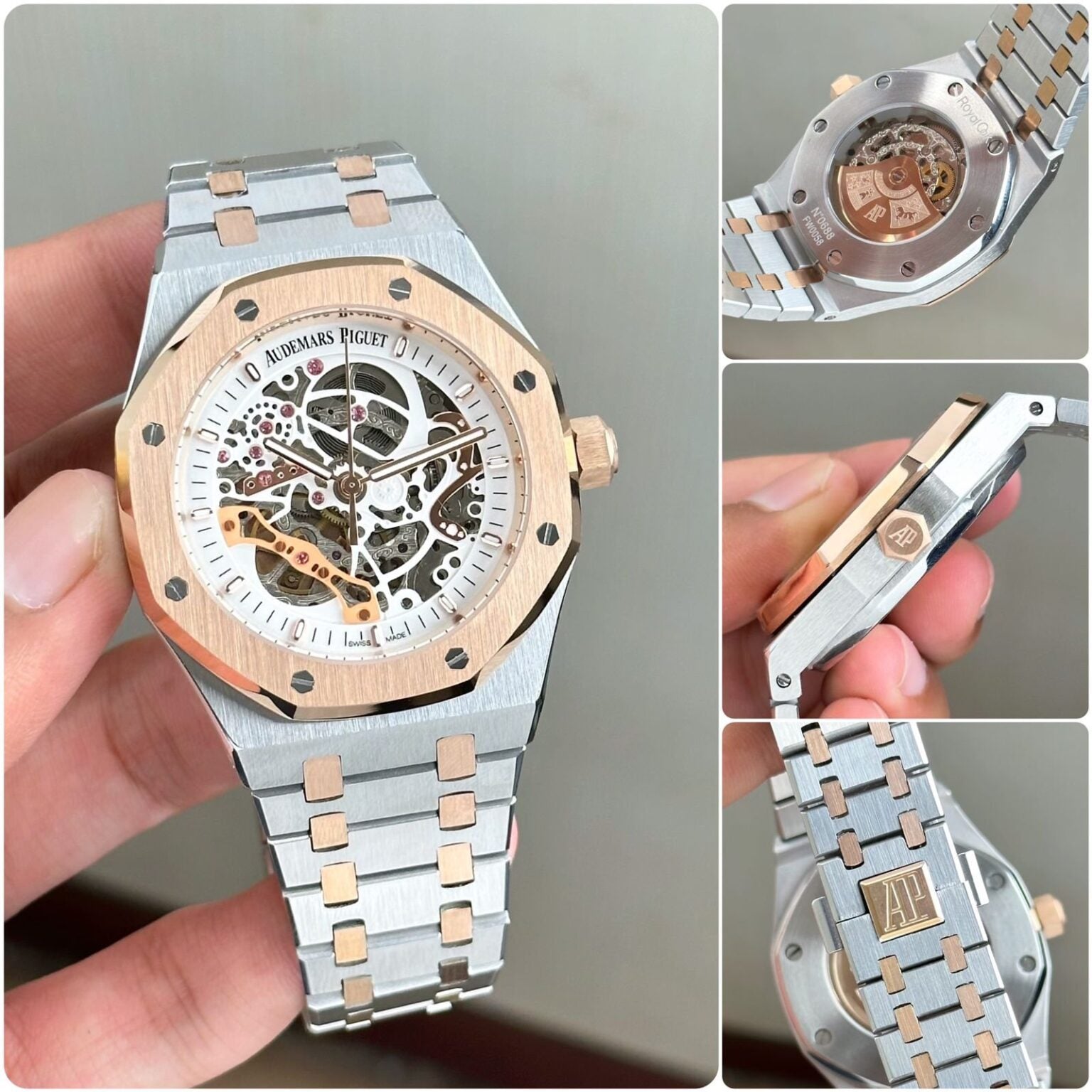 Premium Two-Tone Stainless Steel Skeleton Automatic Watch Silver & Rose Gold Open-Work Dial Luxury Watch – Men