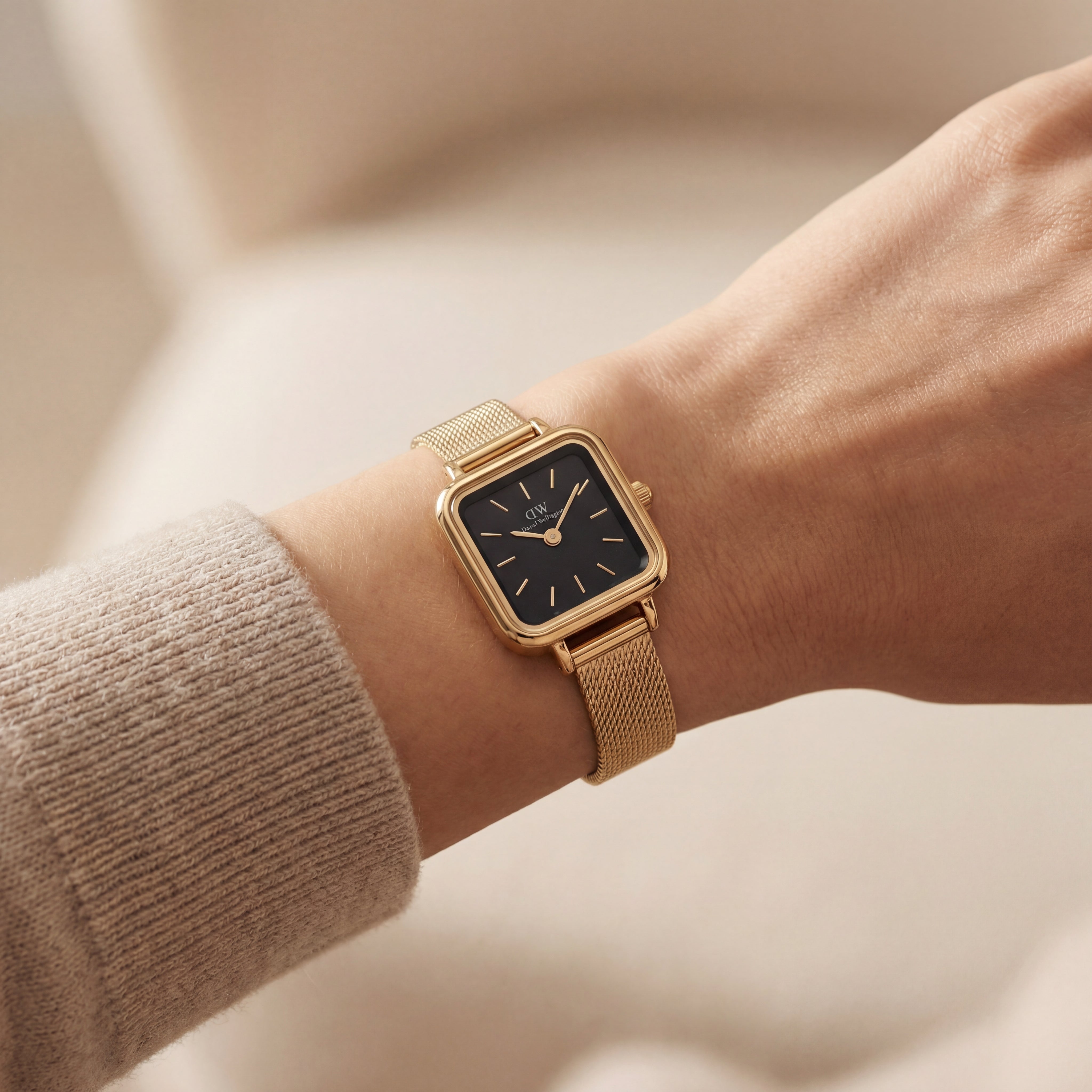 Gold Square Case Black Dial Mesh Strap Watch