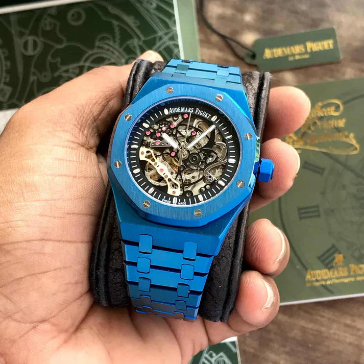 Premium Blue Stainless Steel Skeleton Automatic Watch Open-Work Dial Octagonal Bezel Luxury Watch – Men