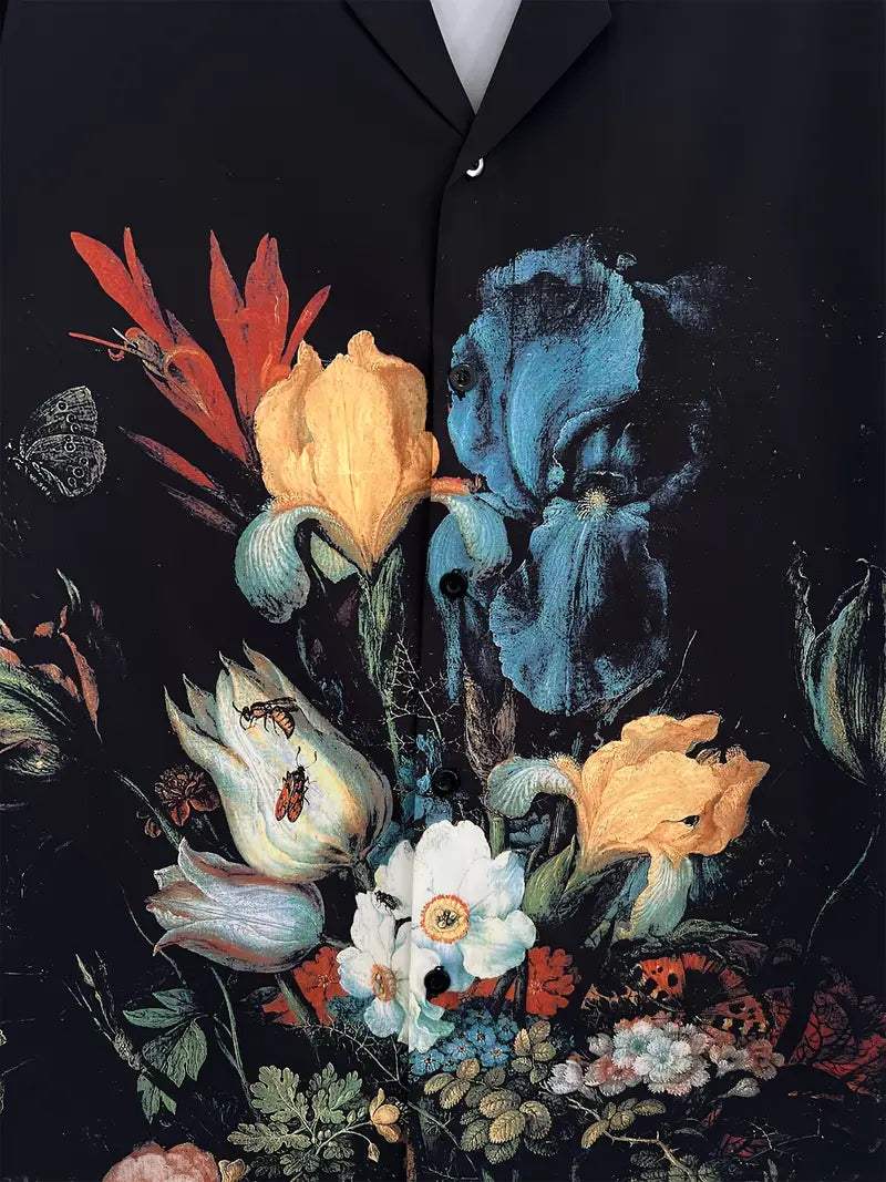 Men's Black Floral Oil Painting Style Casual Shirt