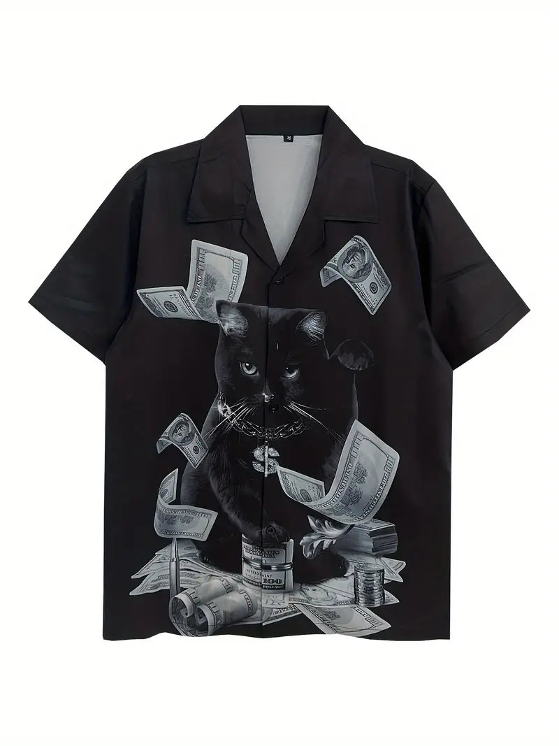 Men's Versatile Cat And Money Print Shirt