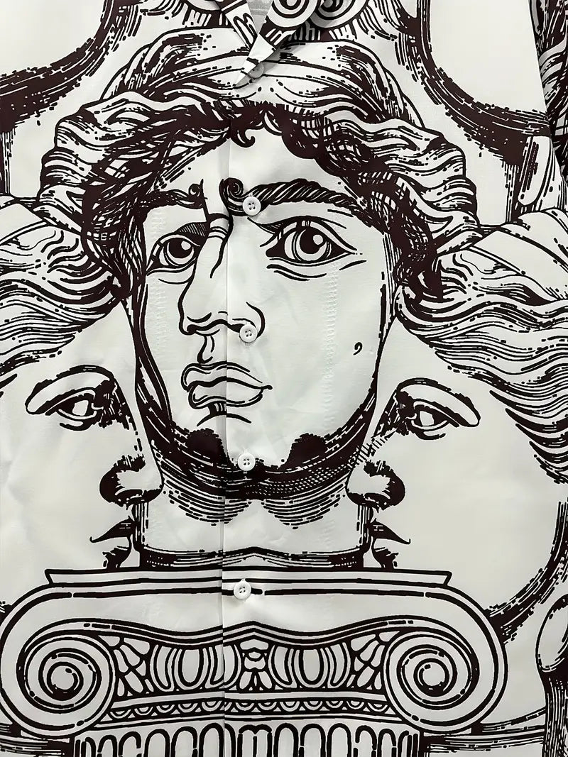 Men's Casual Face Sketch Print Button-Up Shirt