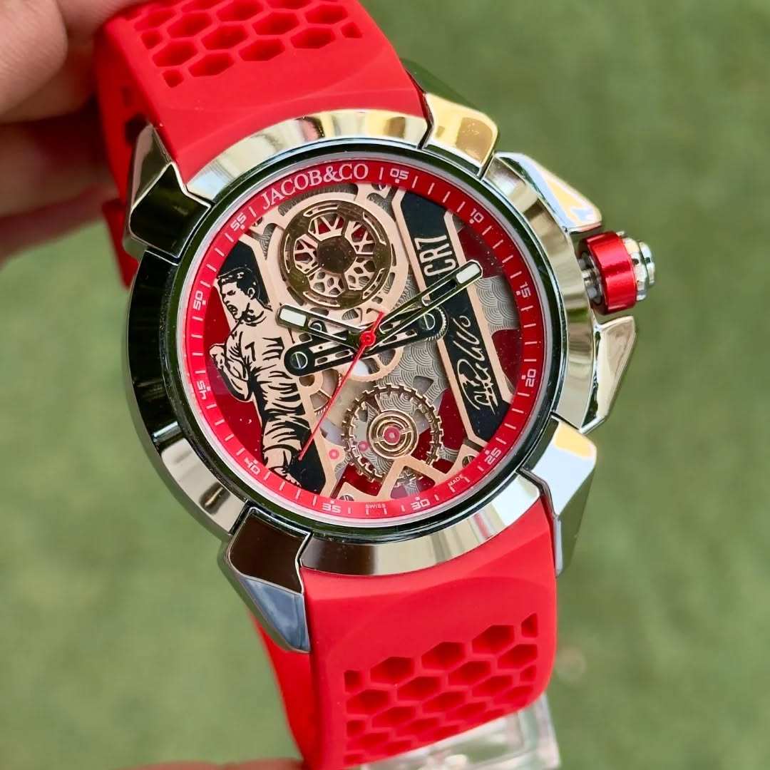 Premium Silver Skeleton Racing Sport Watch Red Silicone Strap Luxury Racing Style Statement Watch – Men