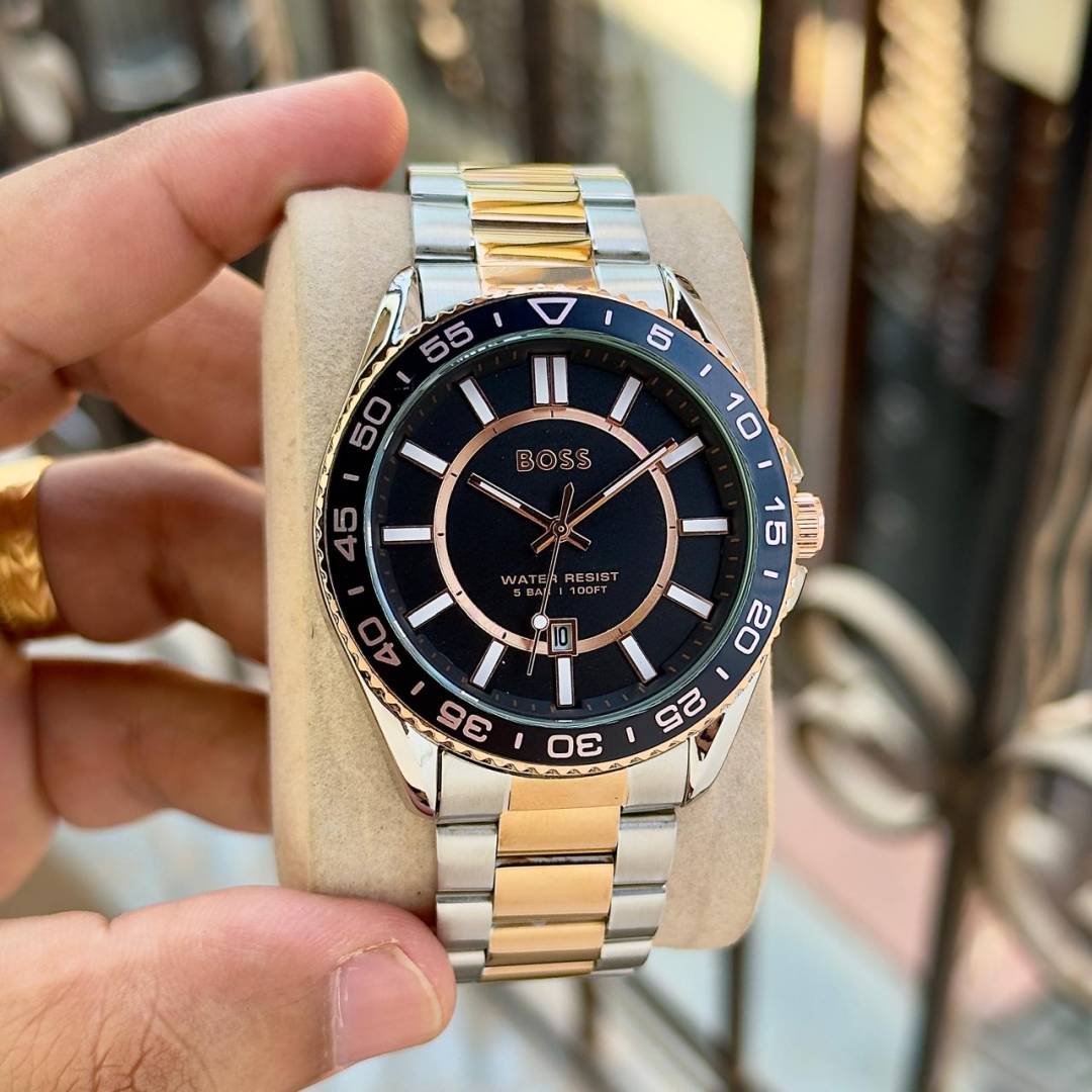 Premium Two-Tone Stainless Steel Sport Watch Black Dial Rotating Bezel Date Display Luxury Watch – Men