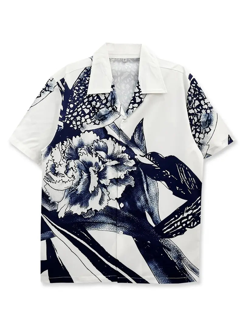 Men's Casual Blue Hawaiian Floral Print Shirt