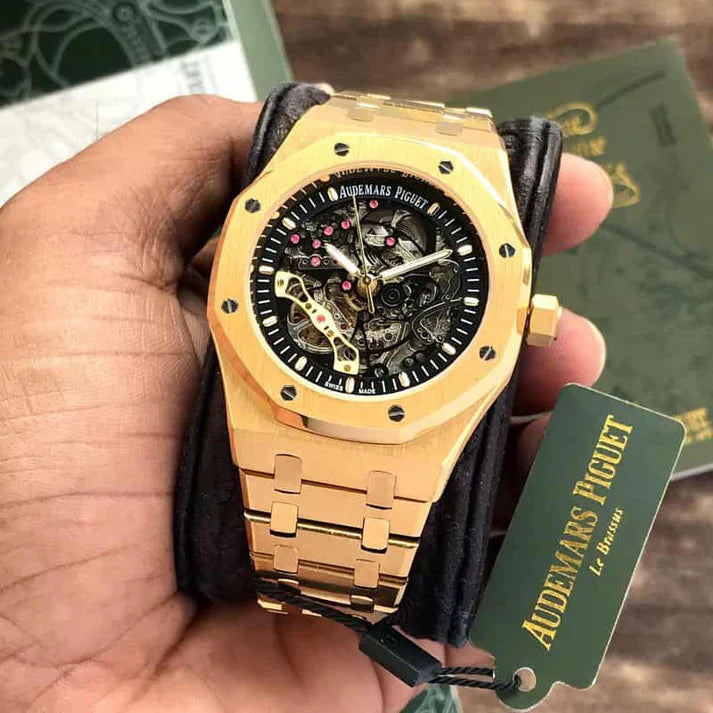 Premium Gold Stainless Steel Skeleton Automatic Watch Open-Work Dial Octagonal Bezel Luxury Watch – Men