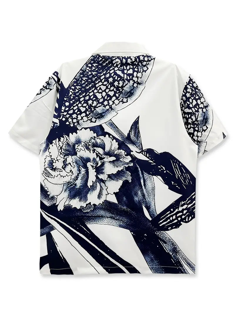 Men's Casual Blue Hawaiian Floral Print Shirt