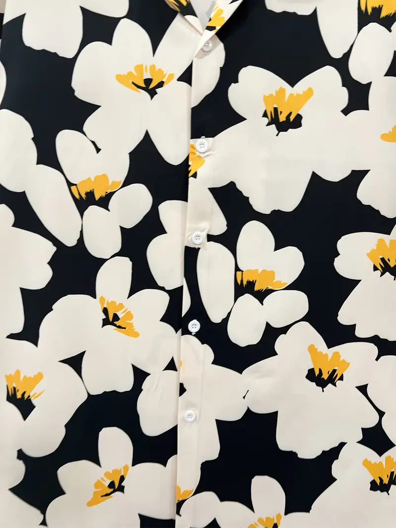 Men's Casual Black & White Flowers Print Shirt