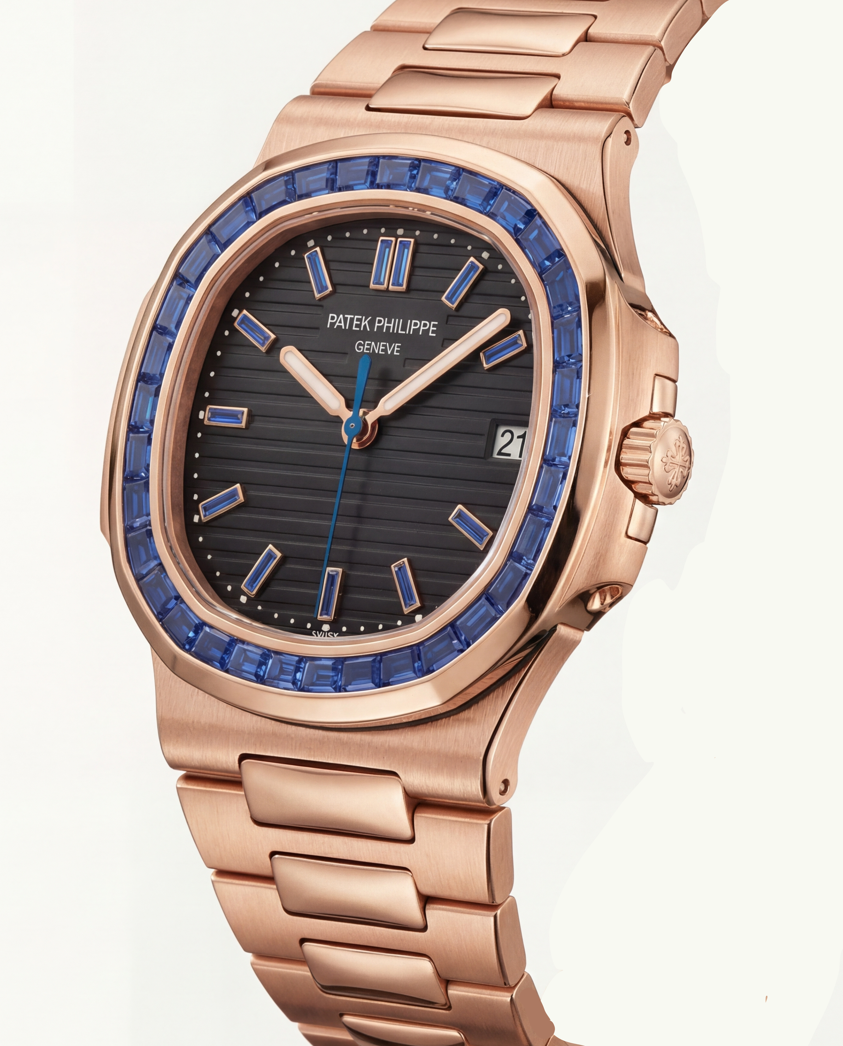 Rose Gold Stainless Steel Watch with Blue Gem Bezel & Black Dial