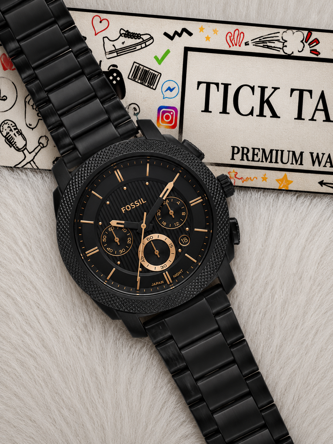 All-Black Chronograph Men’s Watch with Gold Accents