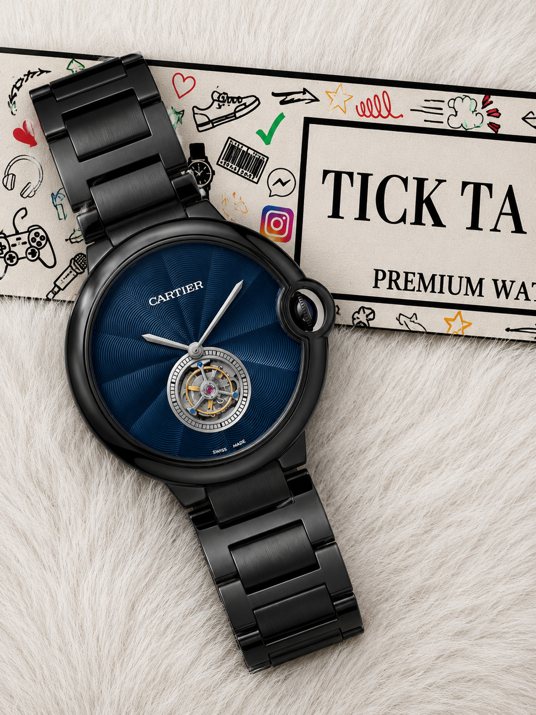 Black Open Heart Luxury Watch with Deep Blue Textured Dial