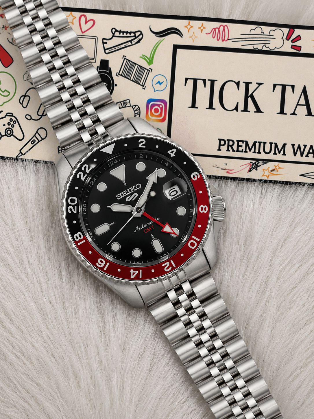 Black Dial Red-Black GMT Steel Watch
