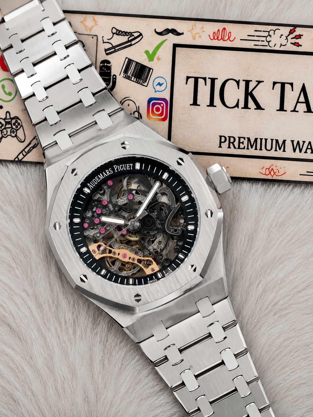 Premium Silver Stainless Steel Skeleton Automatic Watch Open-Work Dial Octagonal Bezel Luxury Watch – Men