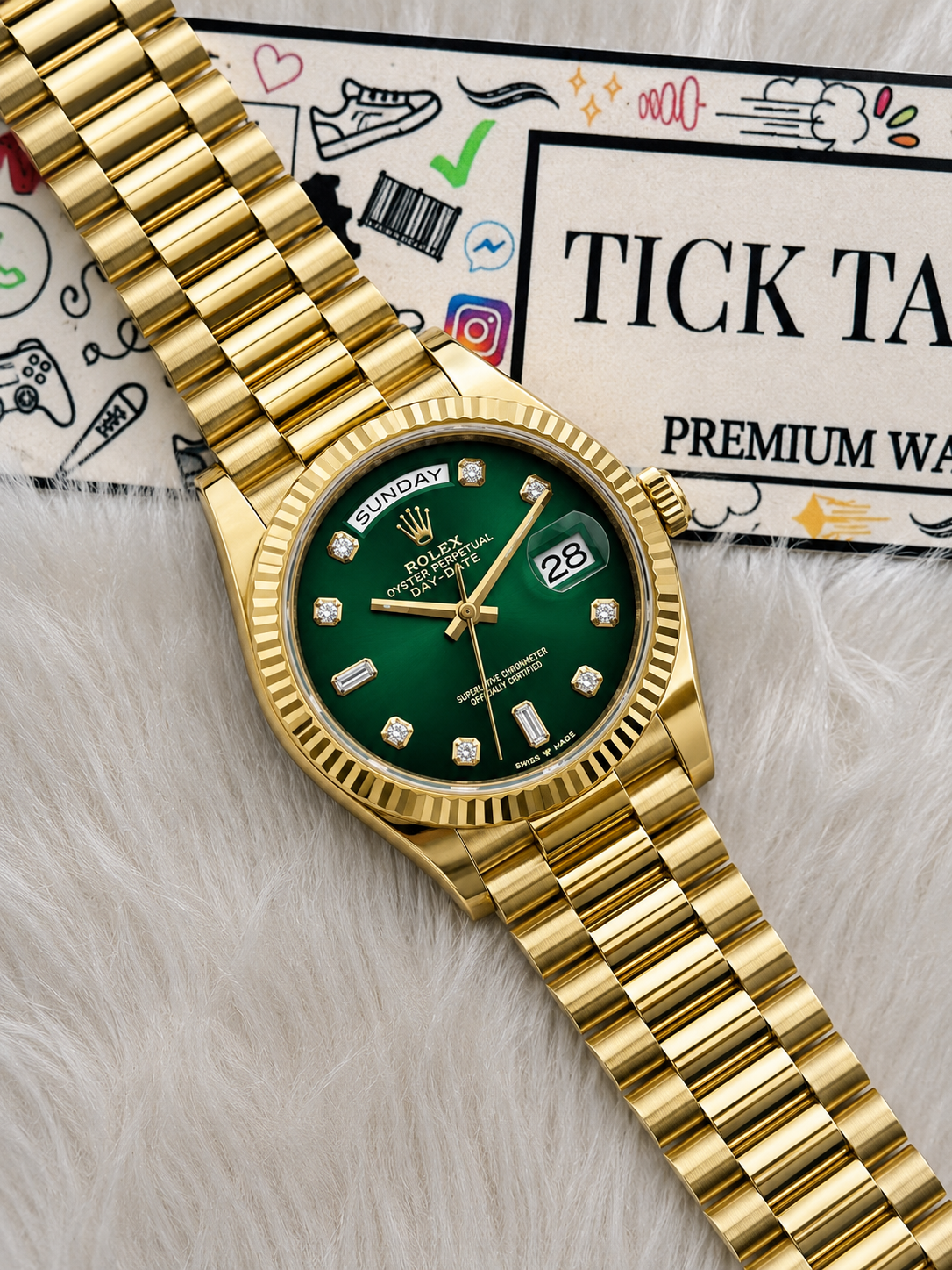 Luxury Gold Stainless Steel Watch Fluted Bezel Emerald Green Sunburst Dial Diamond Markers Day-Date  Watch – Men