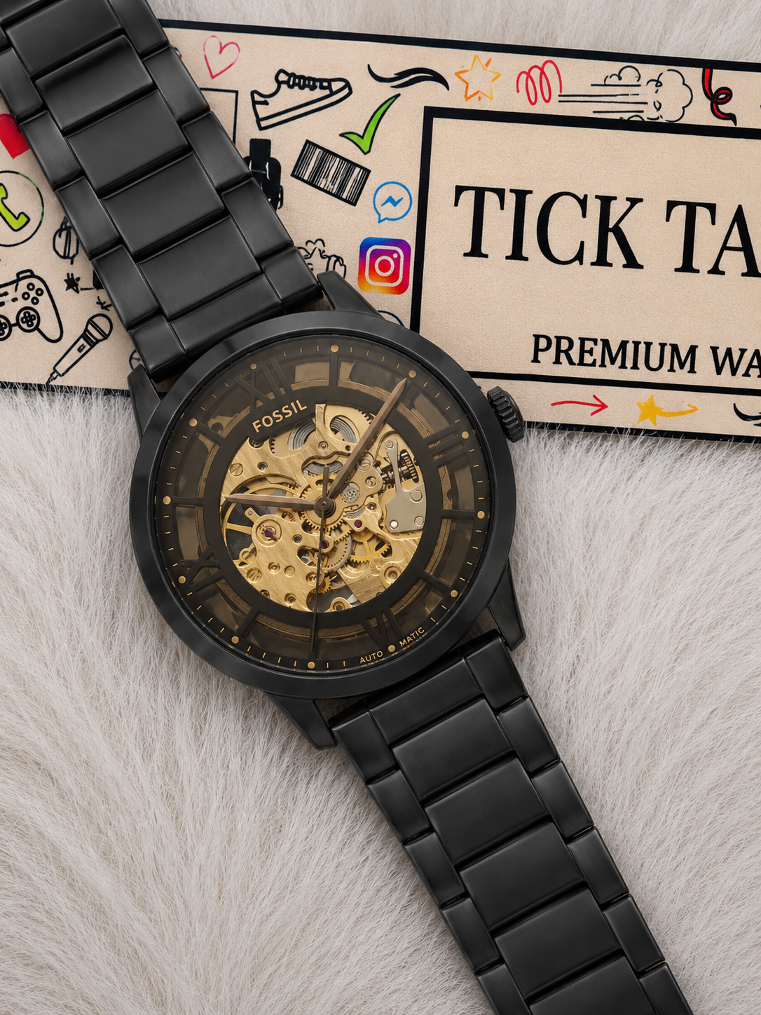 Luxury Black Skeleton Automatic Men’s Watch with Gold Open-Work Dial & Matte Steel Bracelet