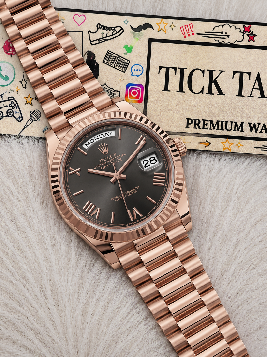 Rose Gold Day-Date President-Style Luxury Men’s Watch with Charcoal Dial