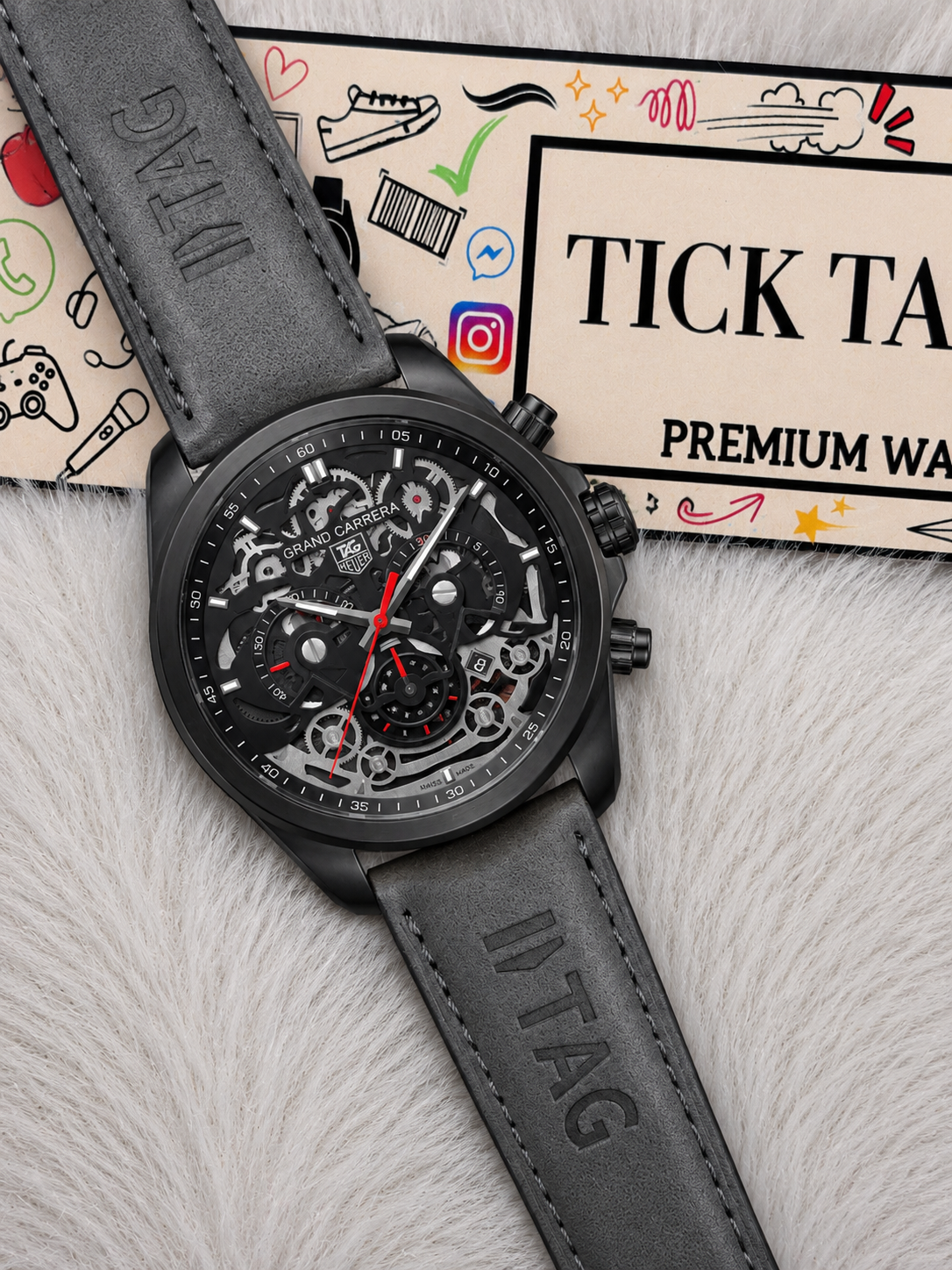 All-Black Skeleton Chronograph Watch for Men – Racing Edition