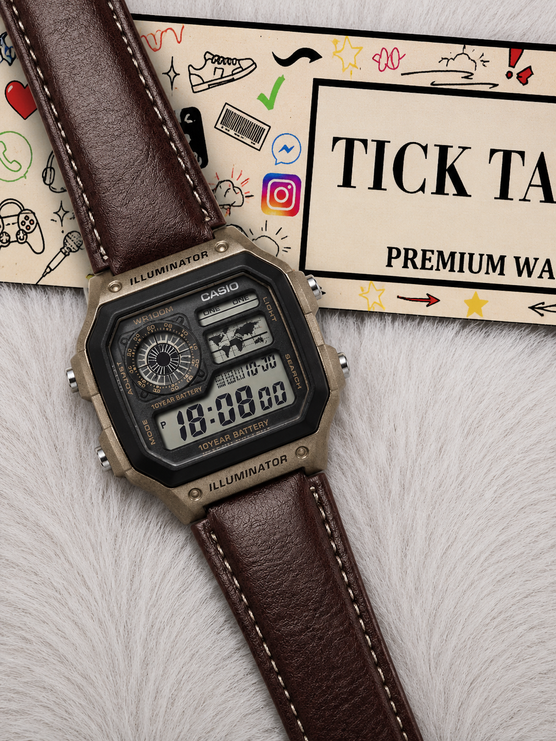 Bronze World Time Digital Leather Watch