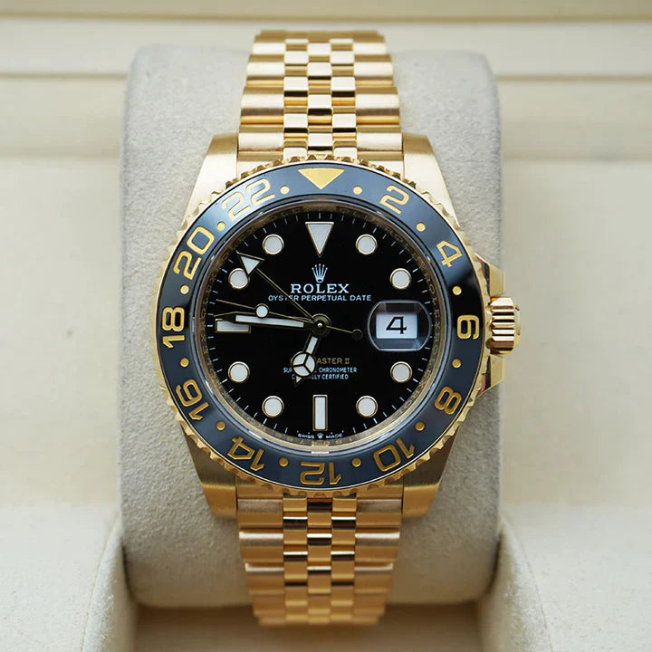 Premium Full Gold GMT Style Luxury Watch Black Dial Black Gold Bezel Jubilee Bracelet Classic Royal Watch – Men