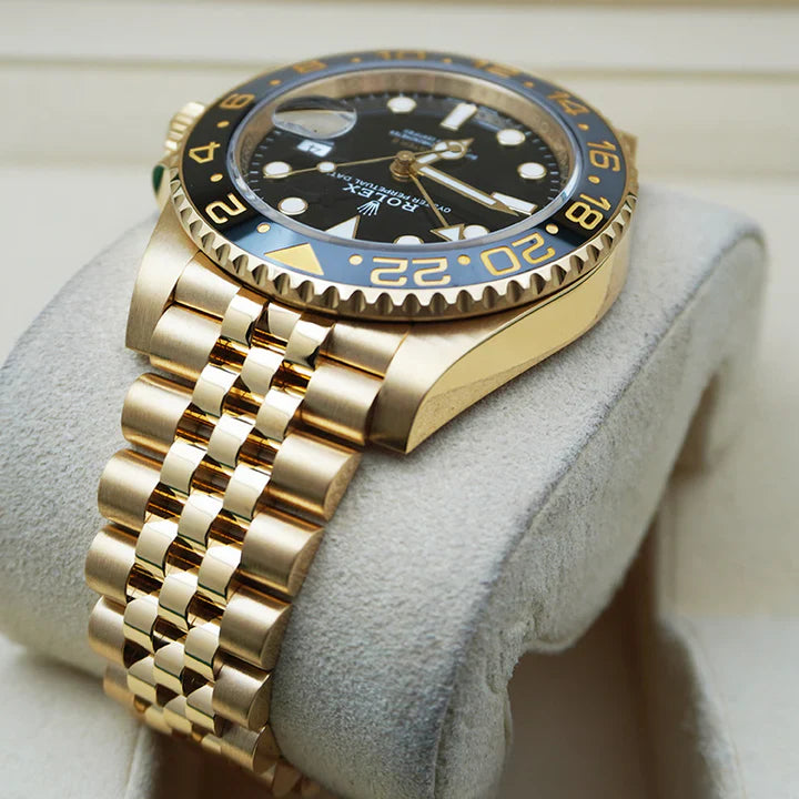 Premium Full Gold GMT Style Luxury Watch Black Dial Black Gold Bezel Jubilee Bracelet Classic Royal Watch – Men