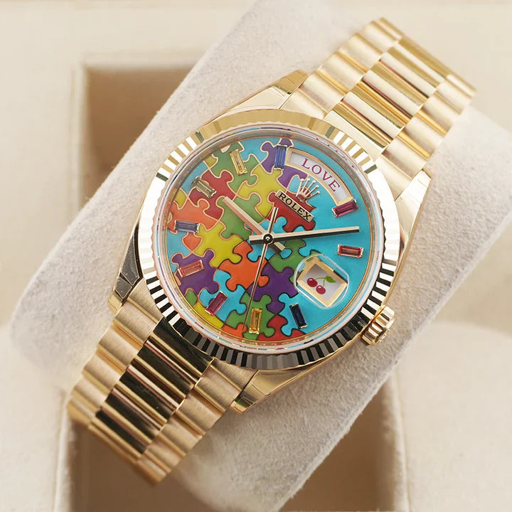 Premium Gold Stainless Steel Watch Sky Blue Multicolor Puzzle Dial Fluted Bezel Statement Luxury Watch – Men