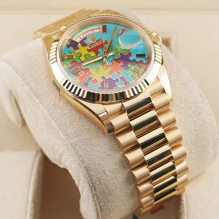 Premium Gold Stainless Steel Watch Sky Blue Multicolor Puzzle Dial Fluted Bezel Statement Luxury Watch – Men