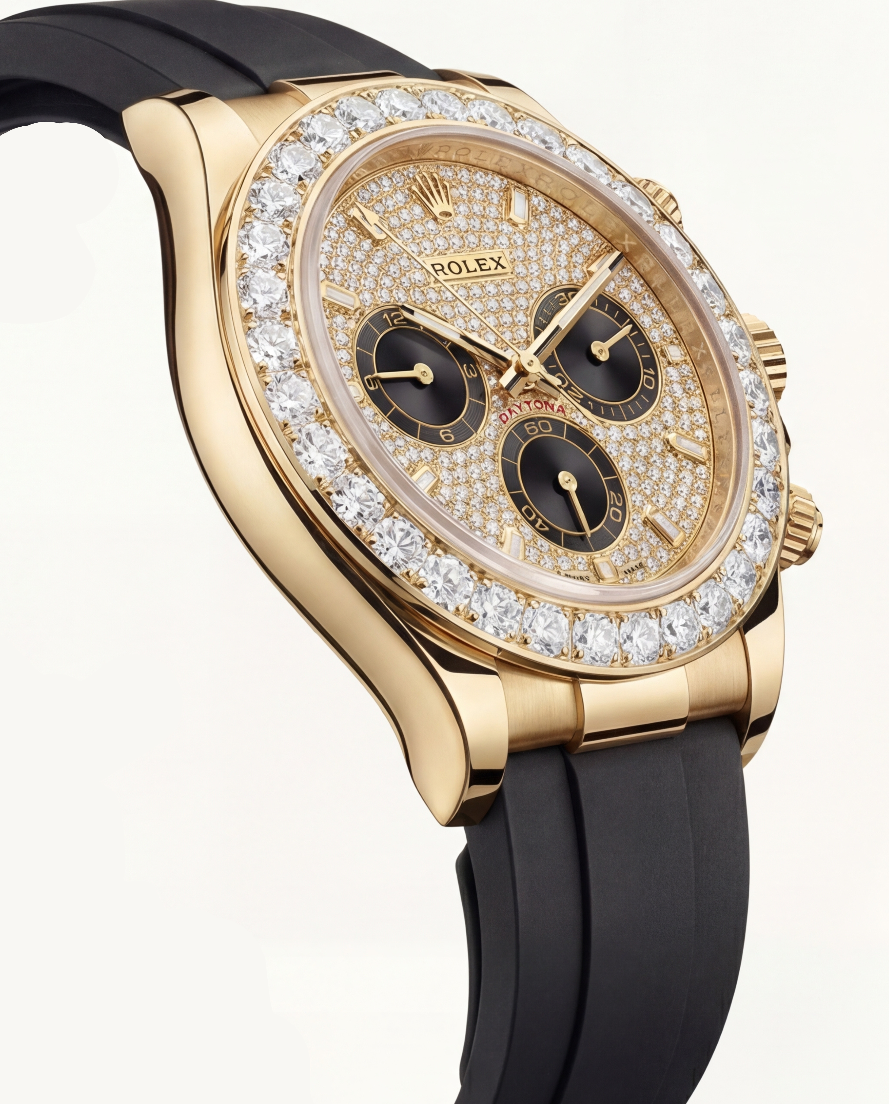 Gold Finish Diamond Bezel Chronograph Watch with Black Rubber Strap