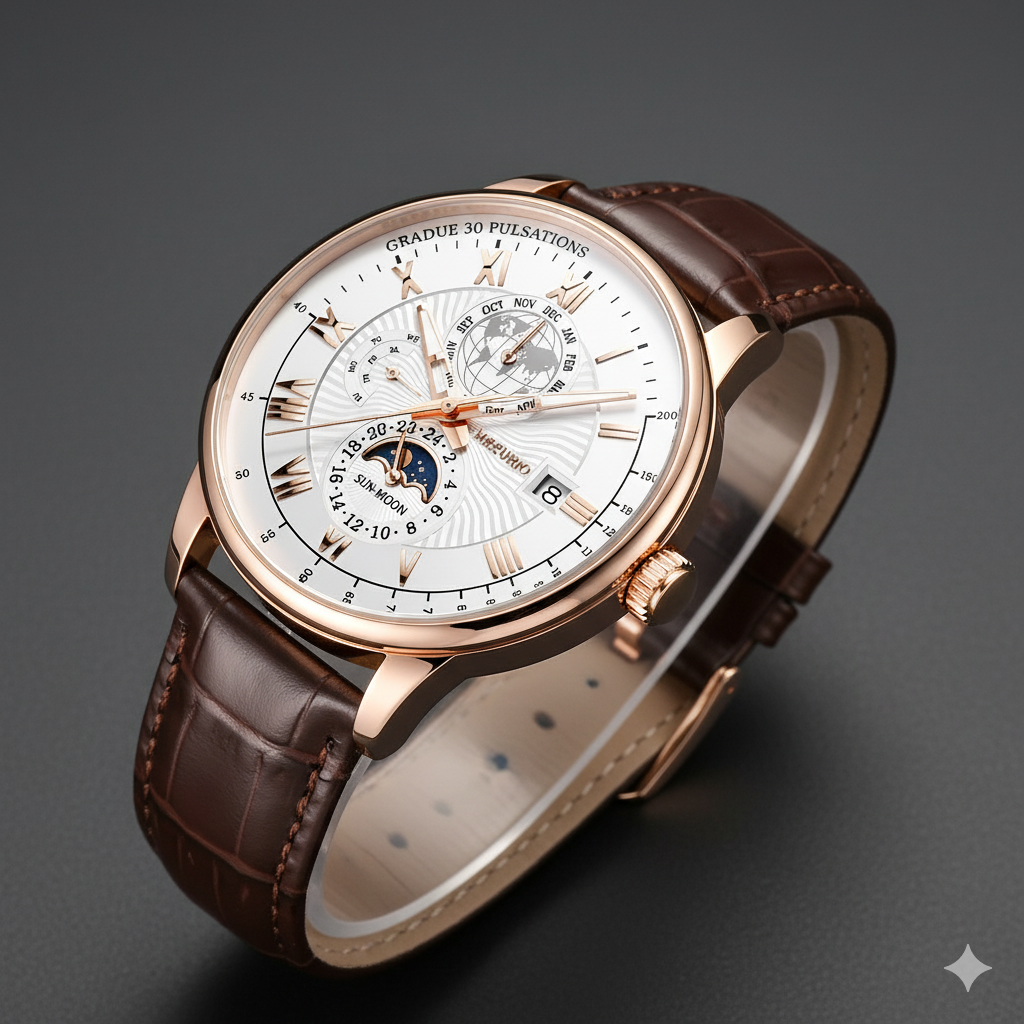 Men’s Luxury Rose-Gold Multi-Function Calendar Watch