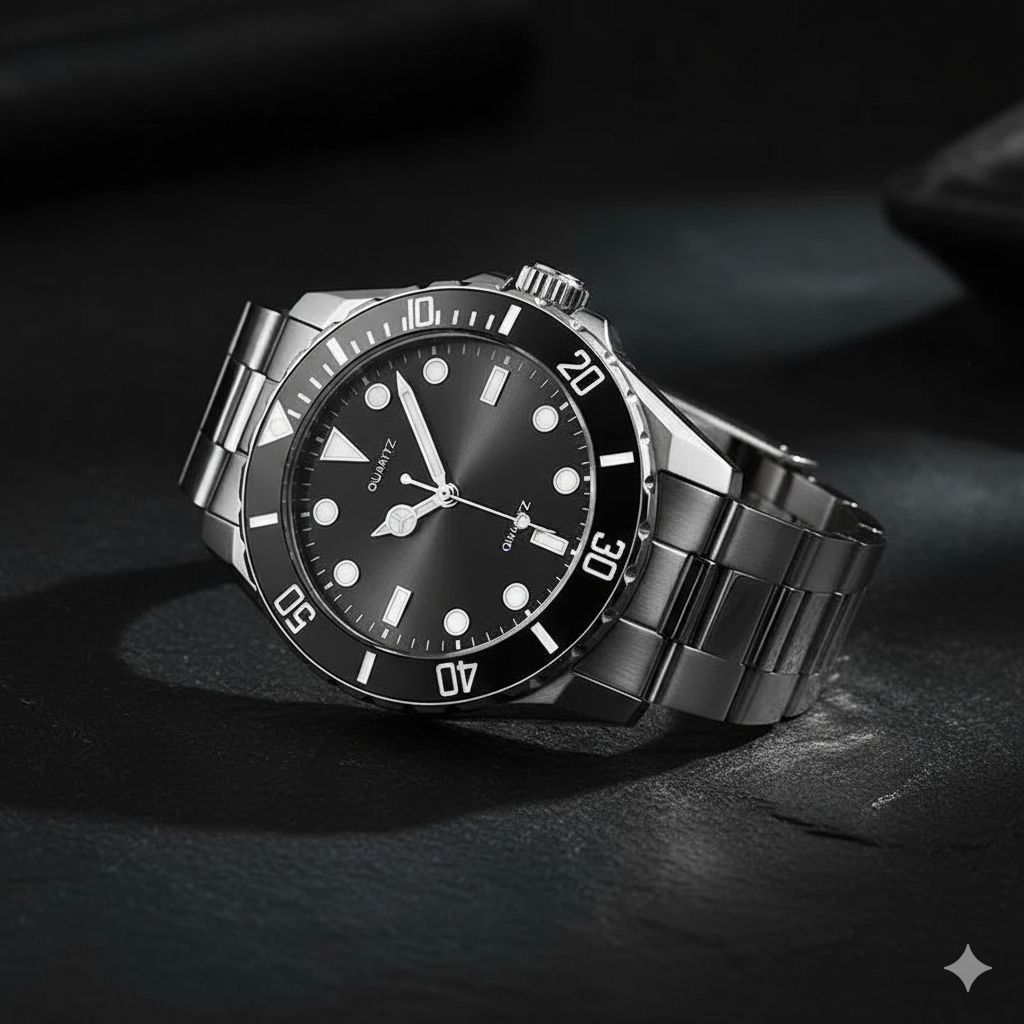 Men’s Stainless Steel Black Diver-Style Watch